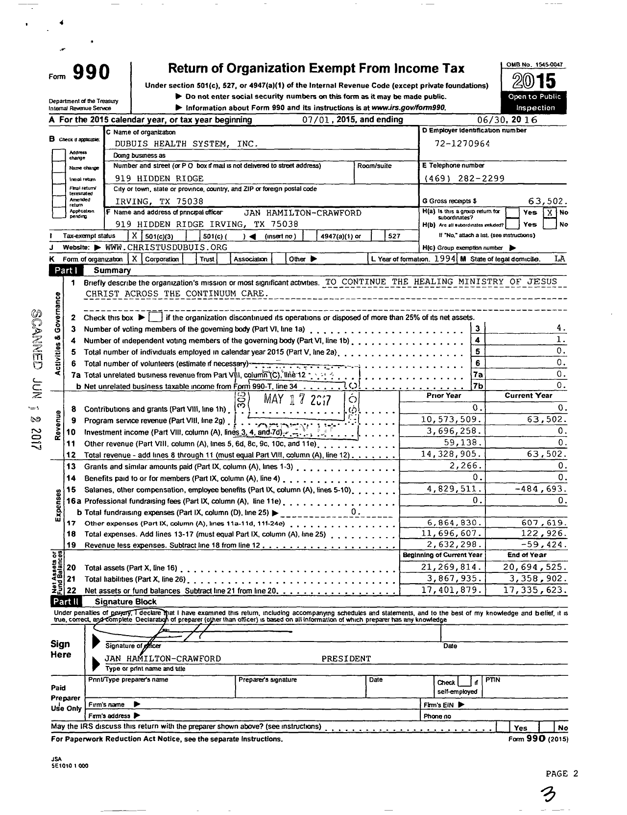 Image of first page of 2015 Form 990 for CHRISTUS Dubuis Health System