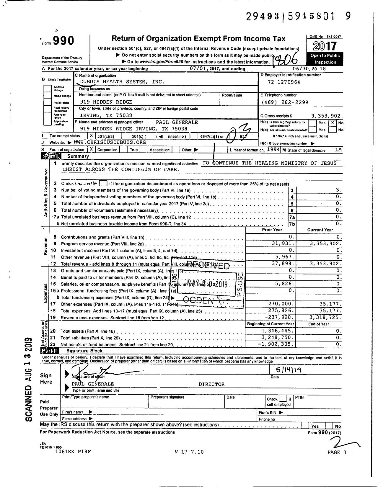 Image of first page of 2017 Form 990 for CHRISTUS Dubuis Health System