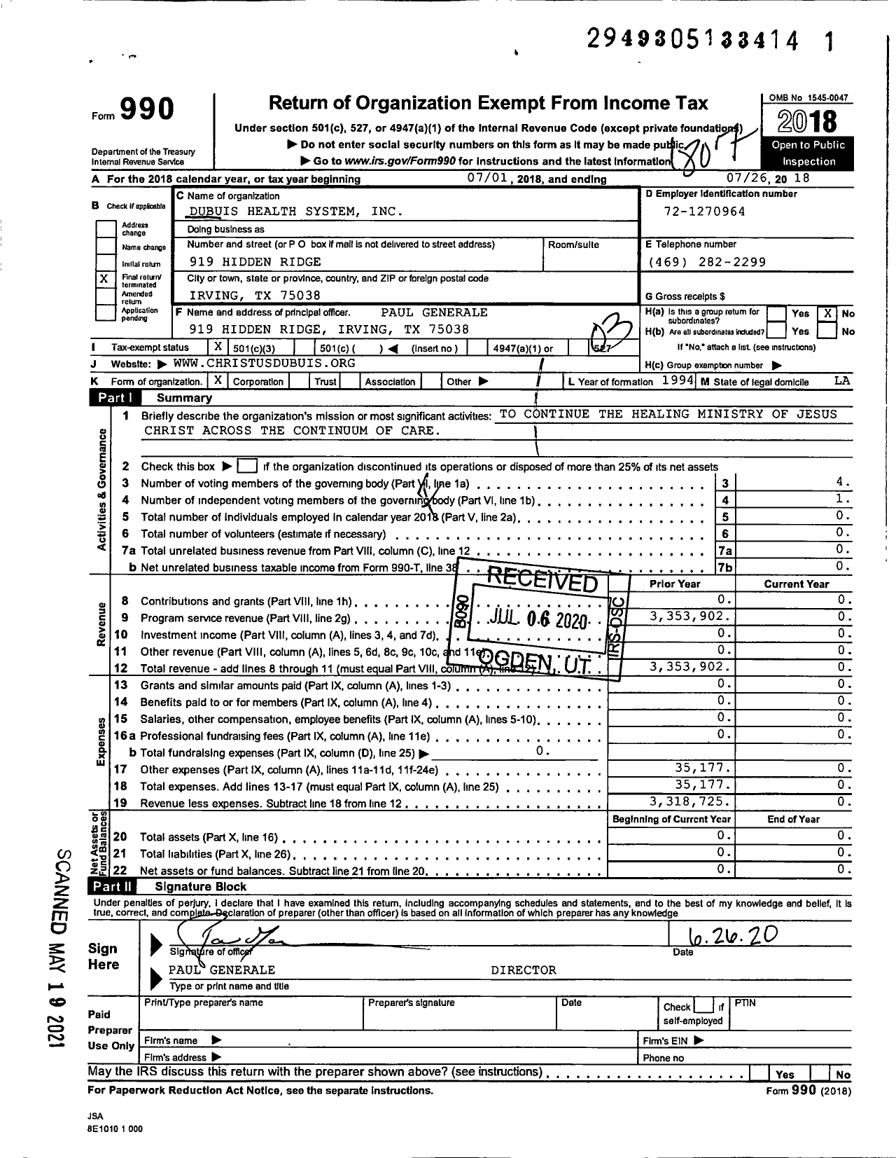 Image of first page of 2017 Form 990 for CHRISTUS Dubuis Health System