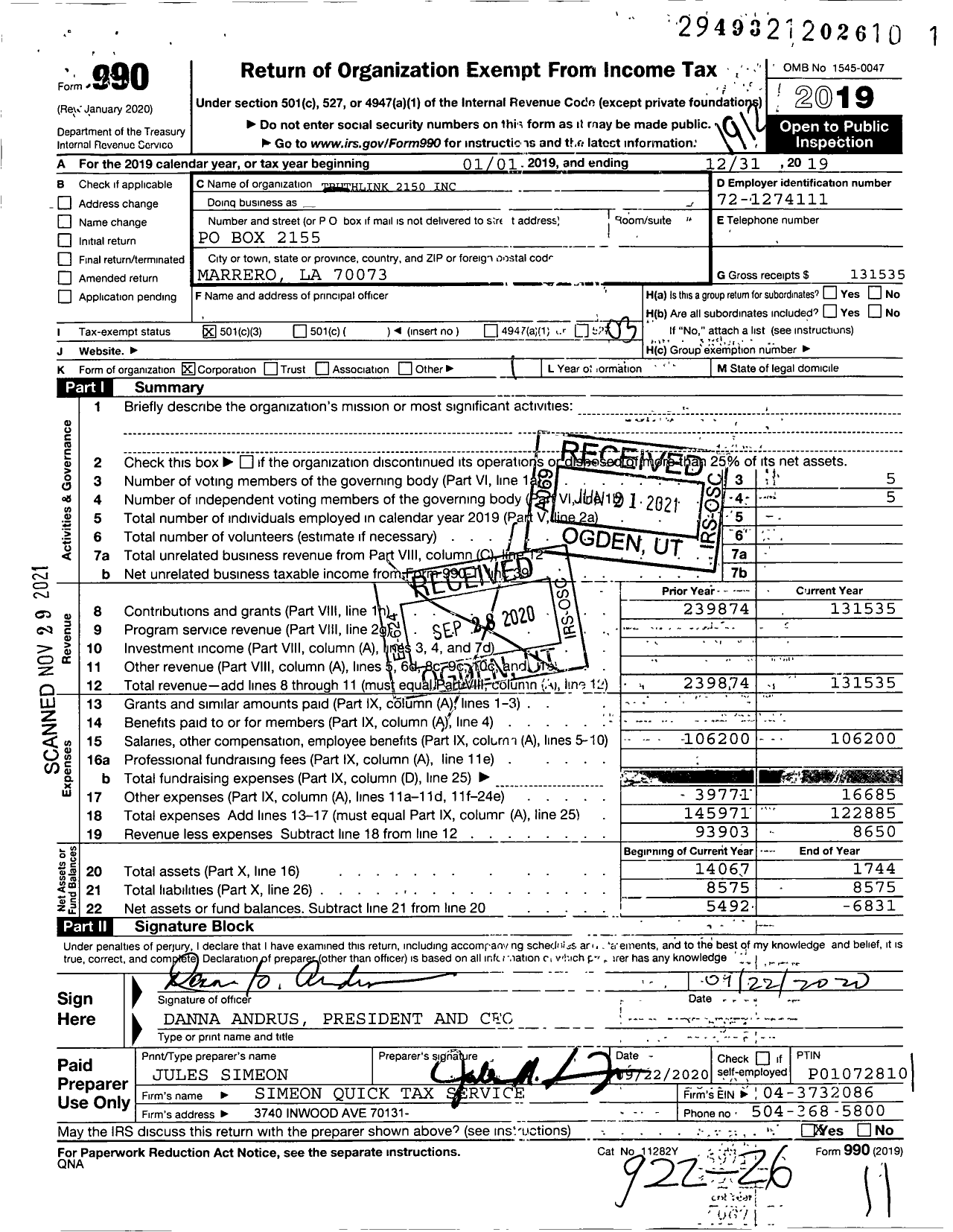 Image of first page of 2019 Form 990 for Truthlink 2150