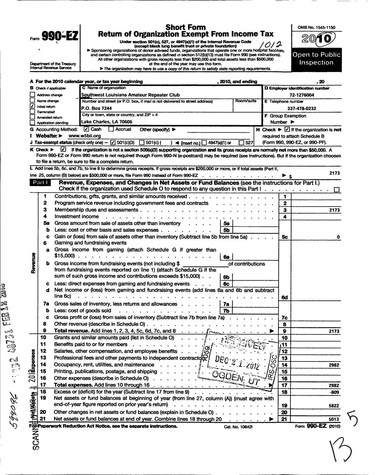 Image of first page of 2010 Form 990EZ for Southwest Louisiana Amateur Repeater Club