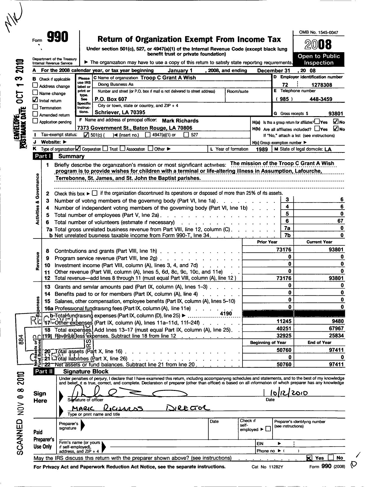 Image of first page of 2008 Form 990O for Troop C Grant A Wish
