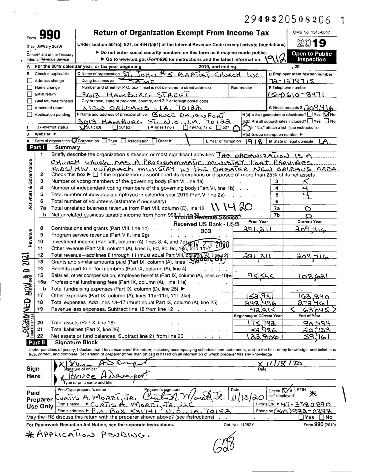 Image of first page of 2019 Form 990 for St John #5 Baptist Church