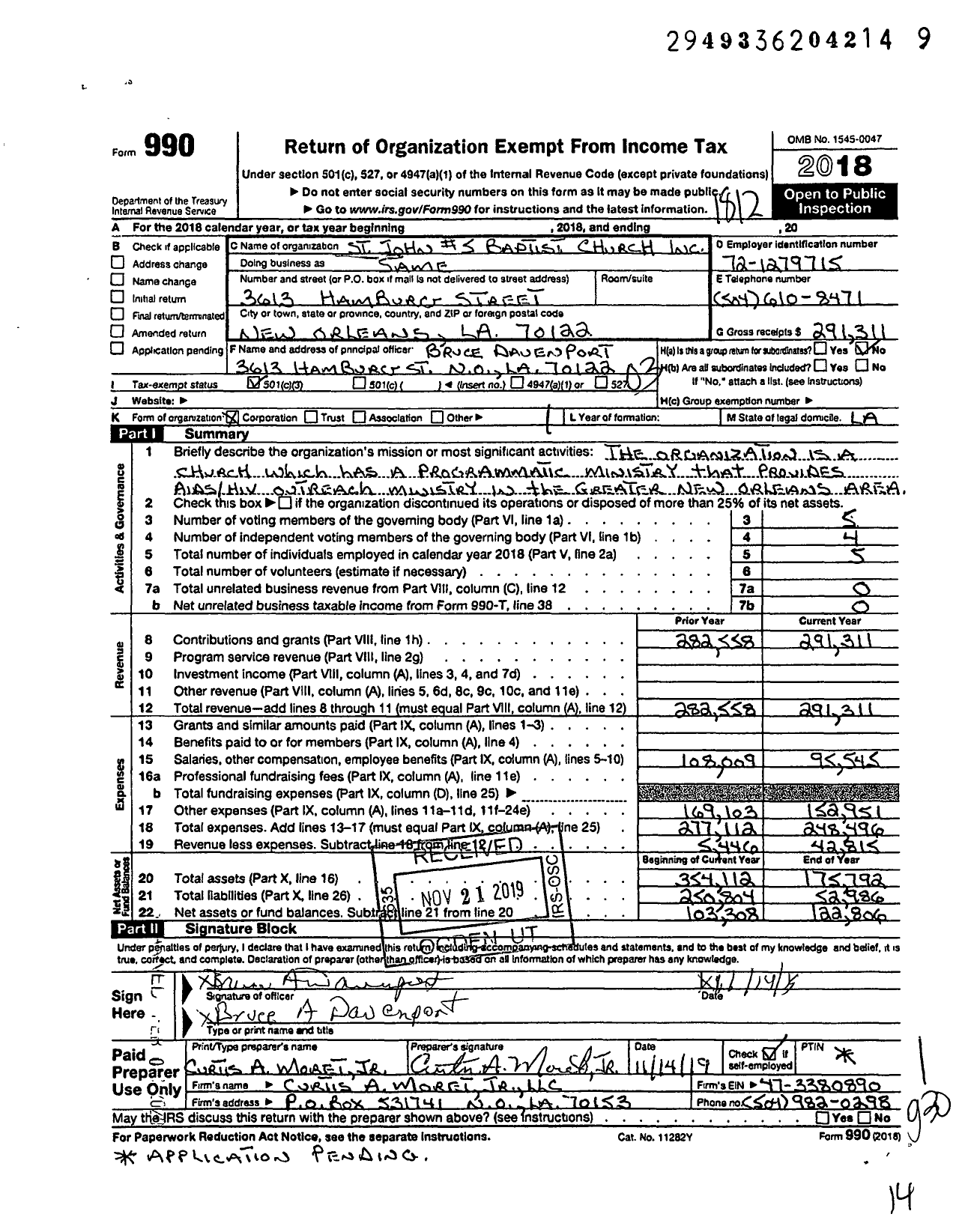 Image of first page of 2018 Form 990 for St John #5 Baptist Church