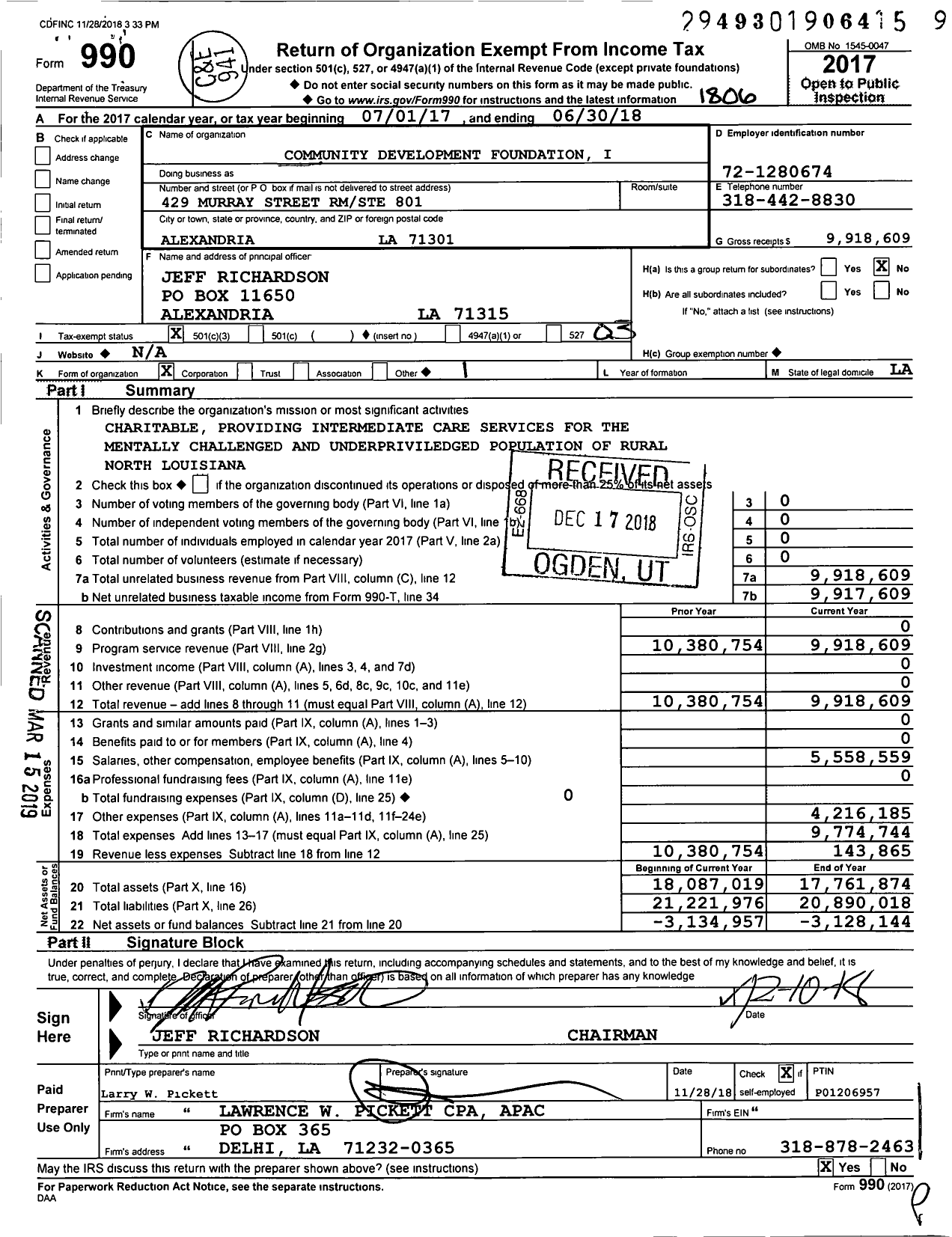 Image of first page of 2017 Form 990 for Community Development Foundation I