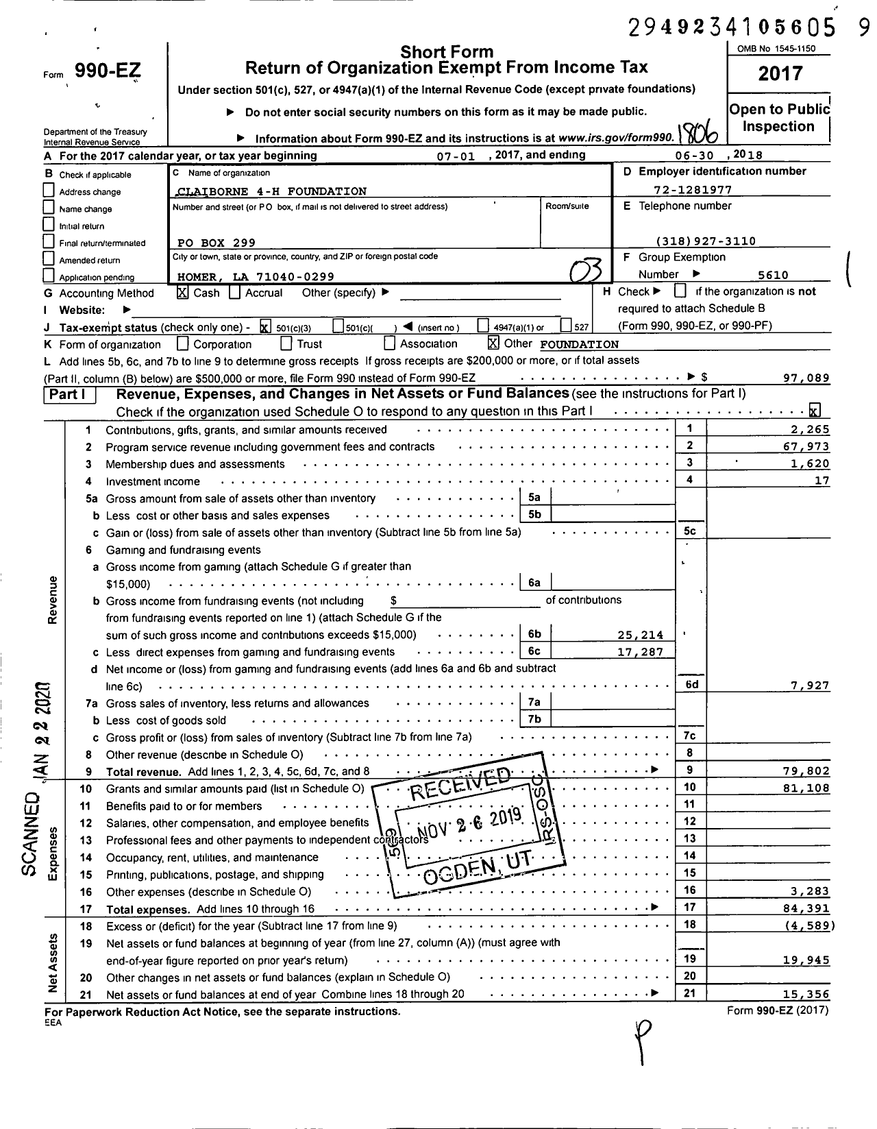Image of first page of 2017 Form 990EZ for Claiborne 4-H Foundation