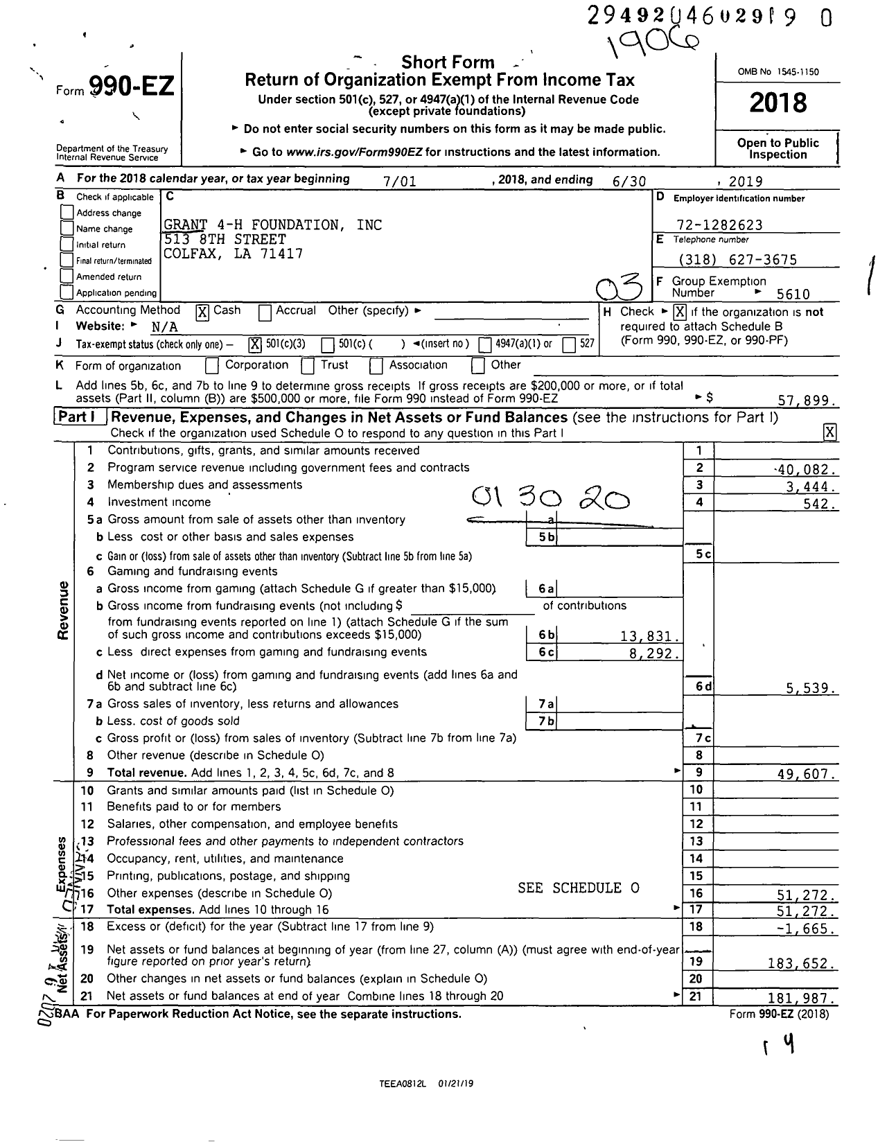 Image of first page of 2018 Form 990EZ for GRANT 4-H Foundation
