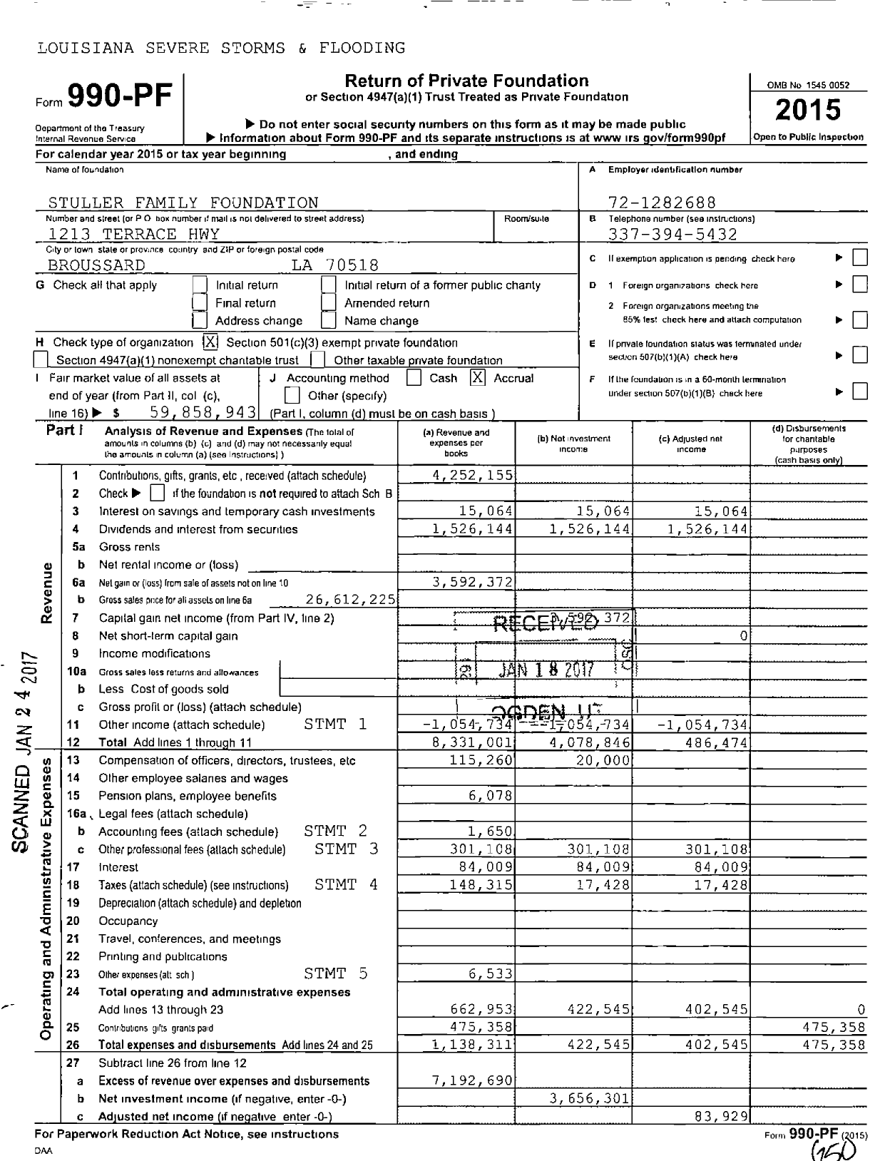 Image of first page of 2015 Form 990PF for Stuller Family Foundation