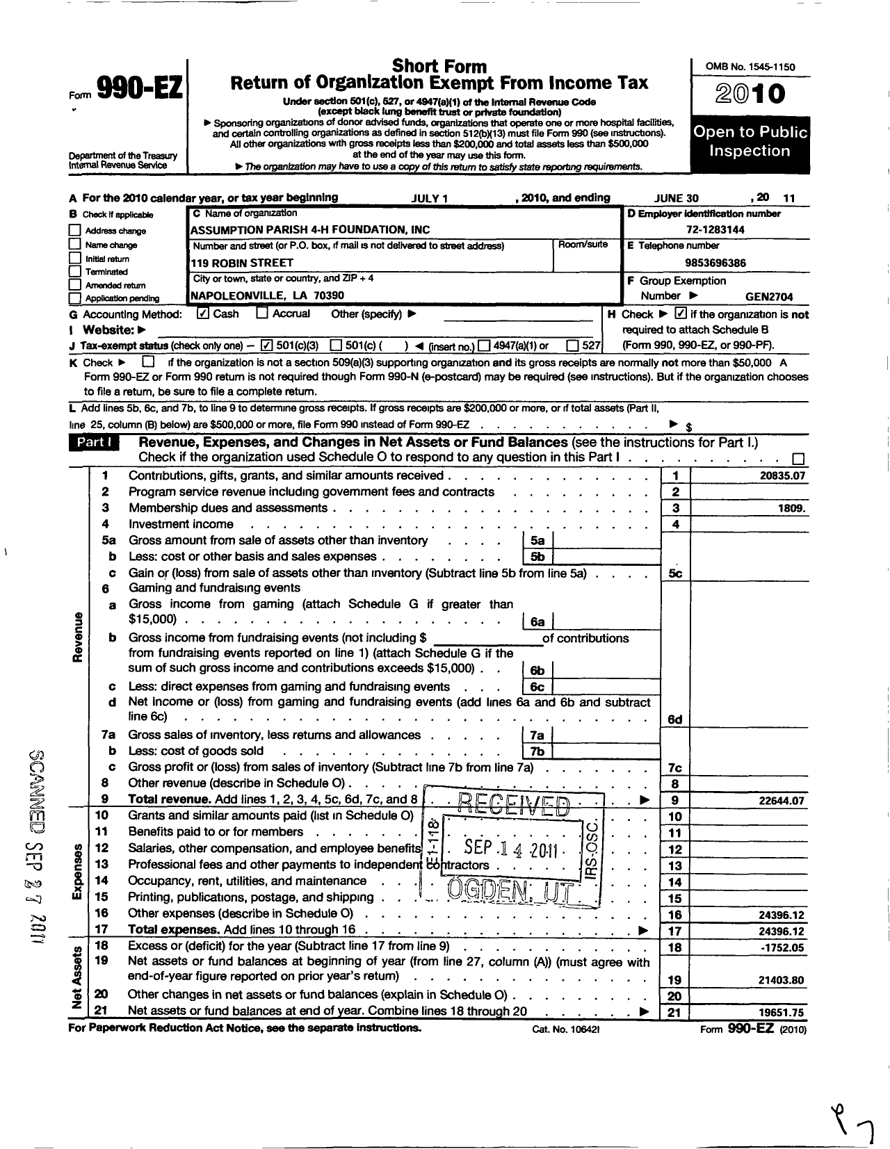 Image of first page of 2010 Form 990EZ for Louisiana 4-H Foundation / Assumption 4-H Foundation