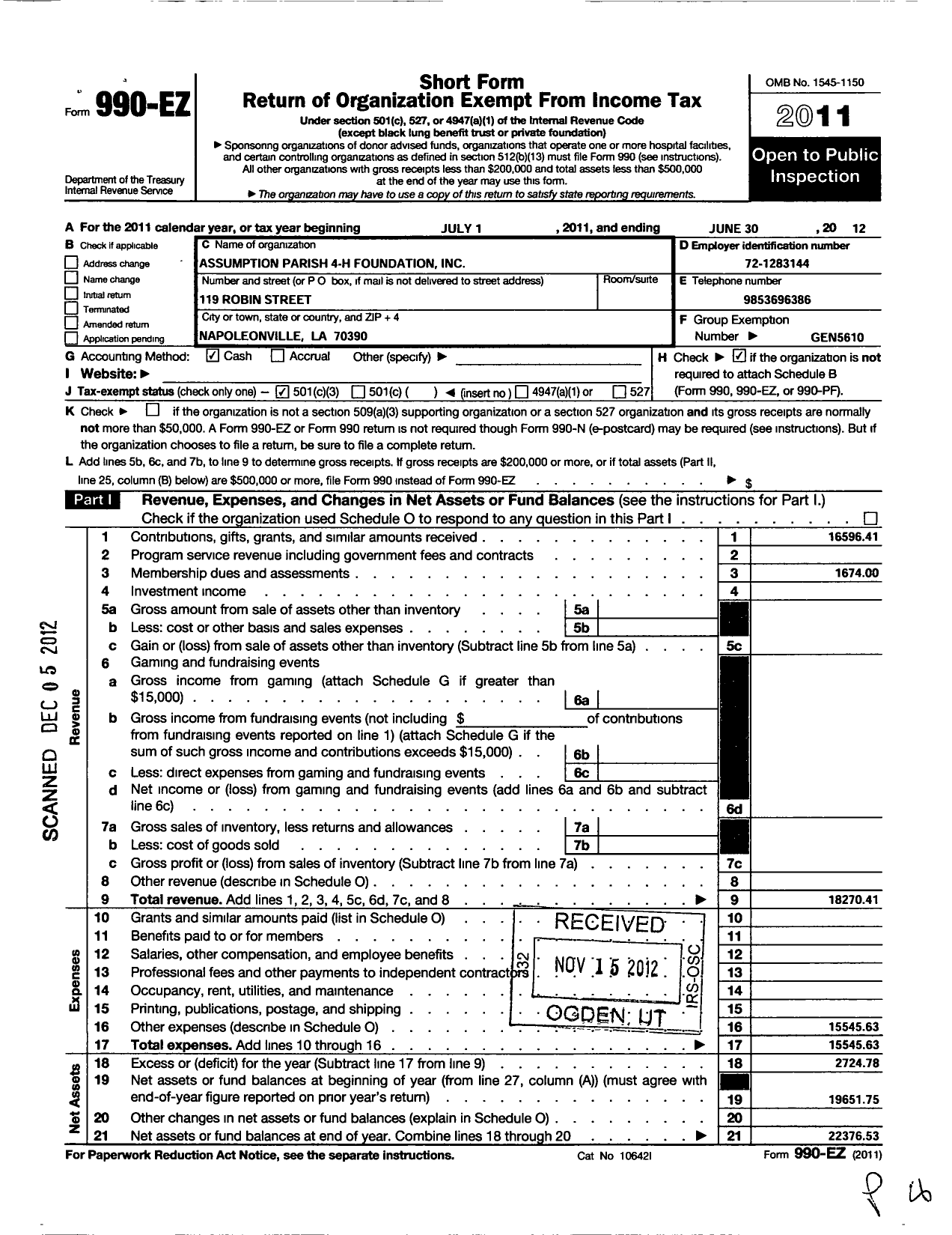 Image of first page of 2011 Form 990EZ for Louisiana 4-H Foundation / Assumption 4-H Foundation