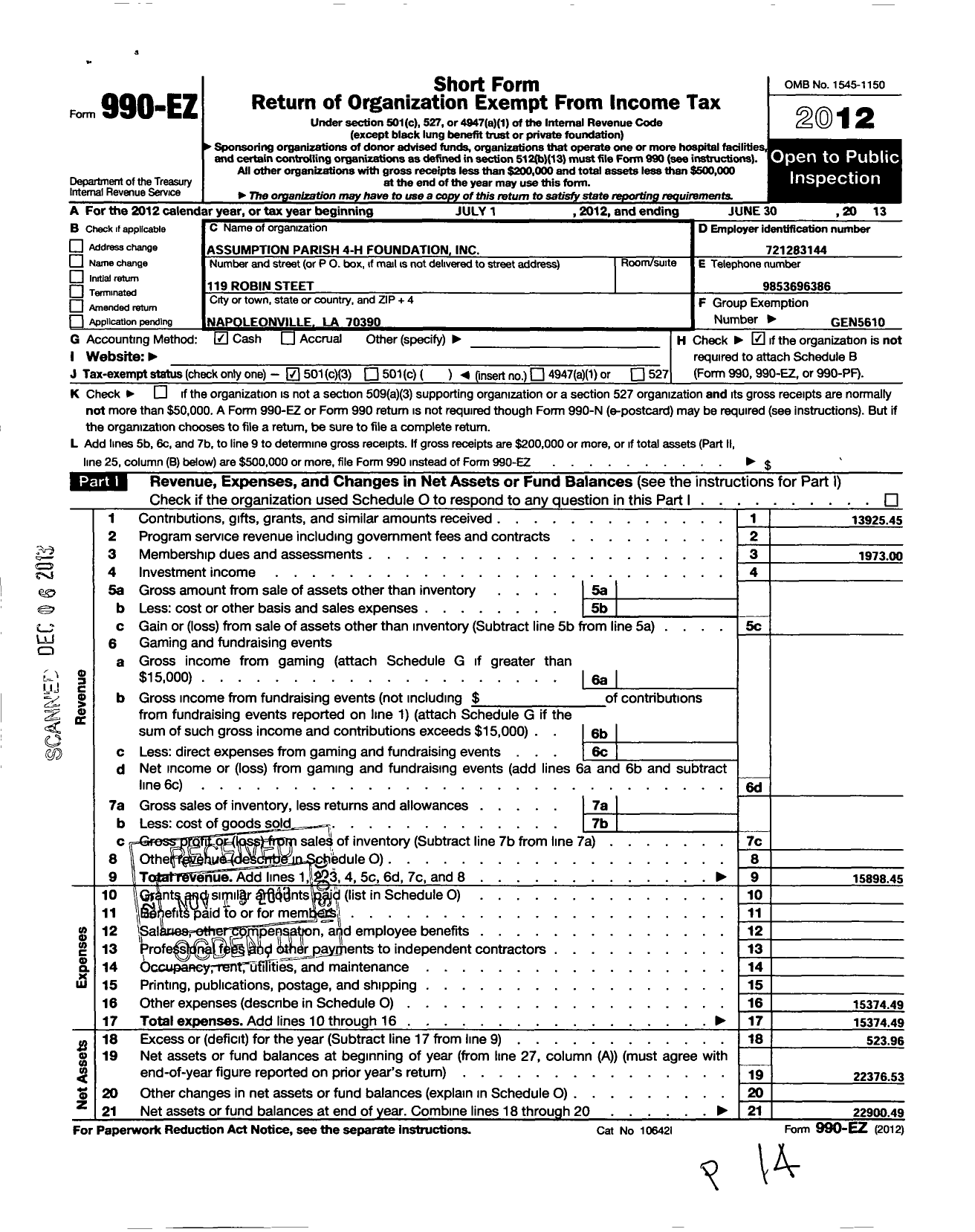 Image of first page of 2012 Form 990EZ for Louisiana 4-H Foundation / Assumption 4-H Foundation
