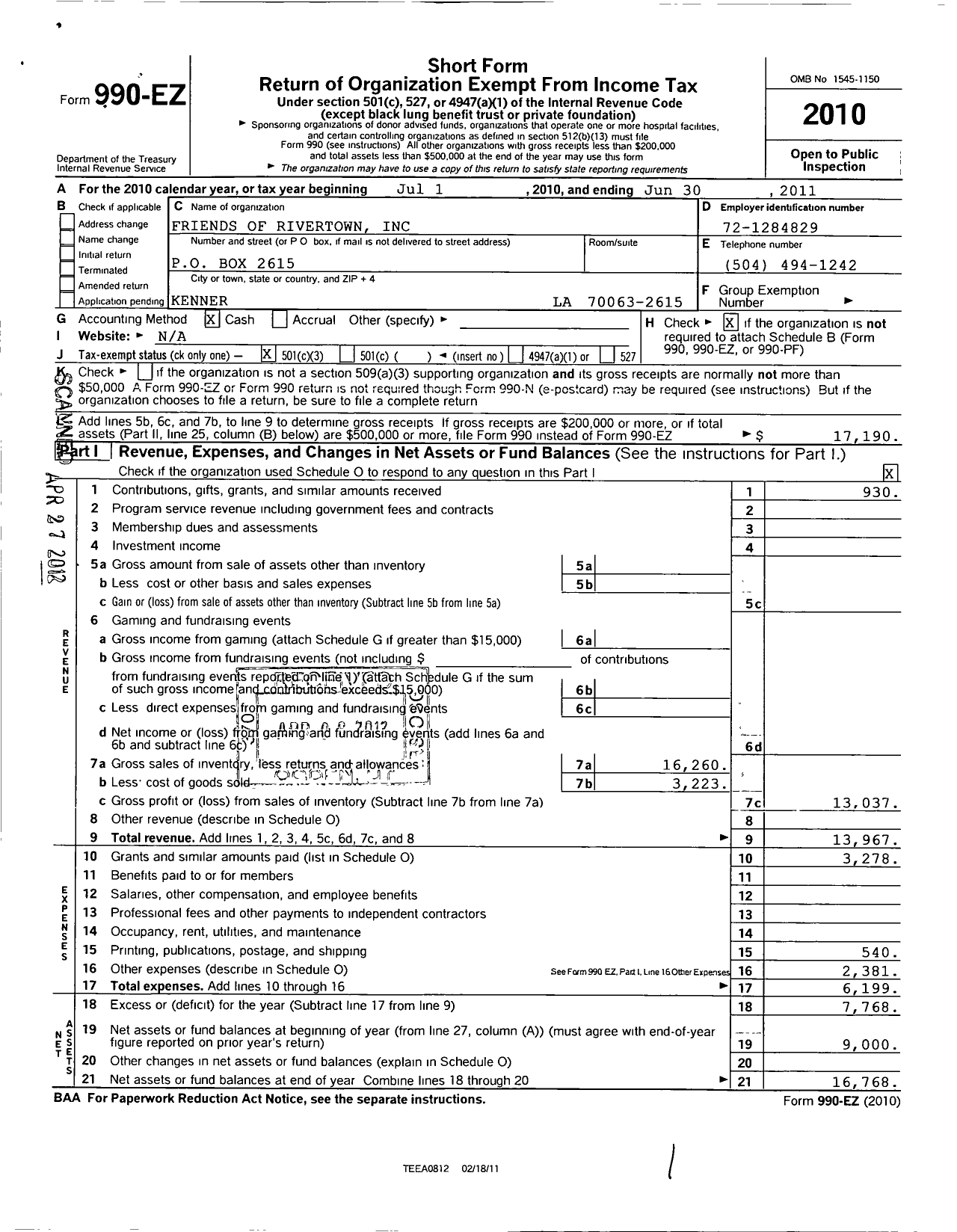 Image of first page of 2010 Form 990EZ for Friends of Rivertown