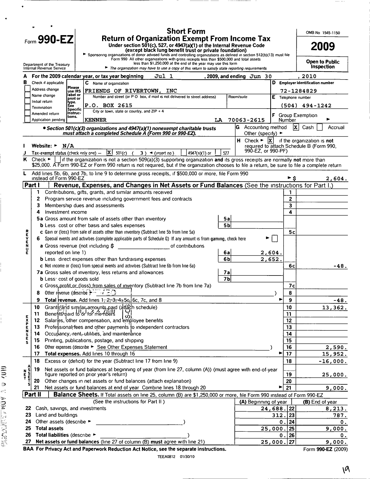 Image of first page of 2009 Form 990EZ for Friends of Rivertown