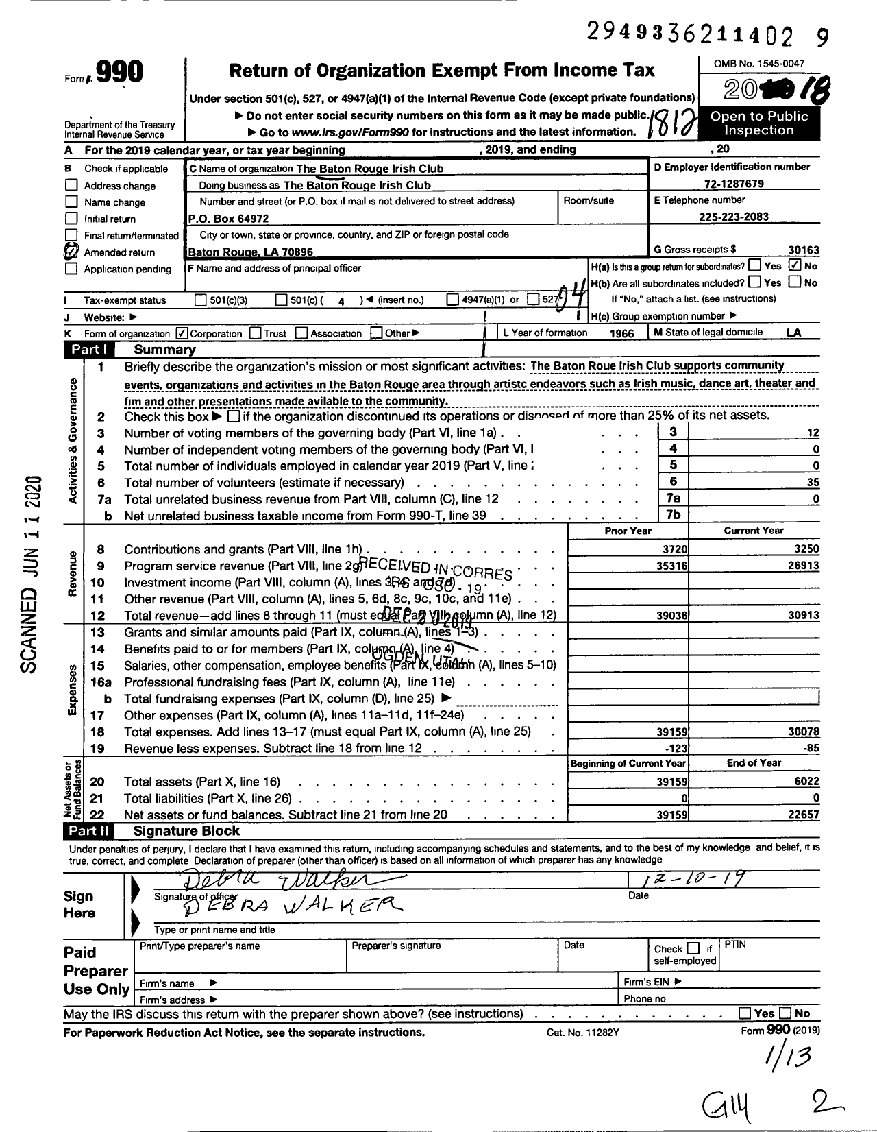 Image of first page of 2018 Form 990O for The Baton Rouge Irish Club