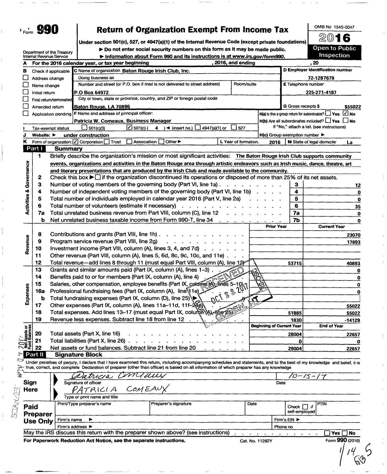 Image of first page of 2016 Form 990O for The Baton Rouge Irish Club