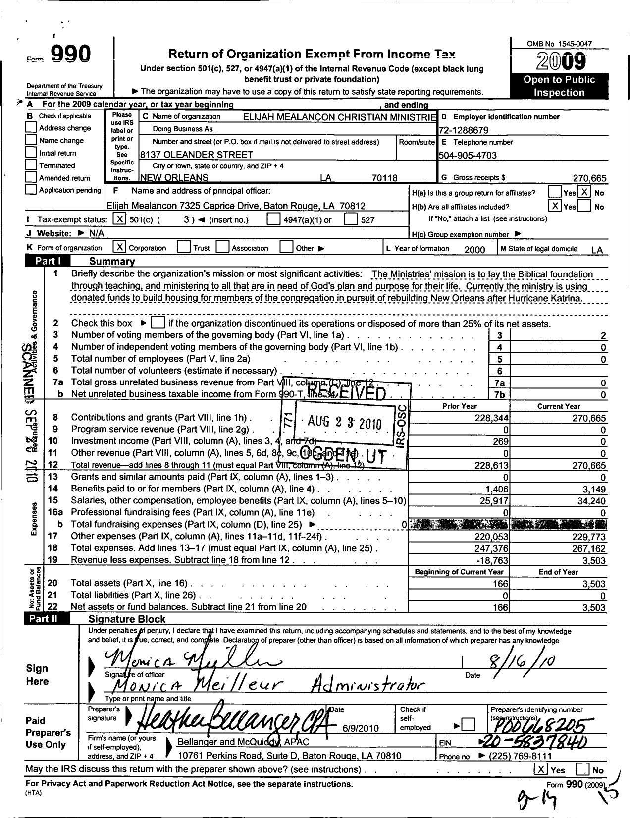 Image of first page of 2009 Form 990 for Elijah Mealancon Christian Ministries