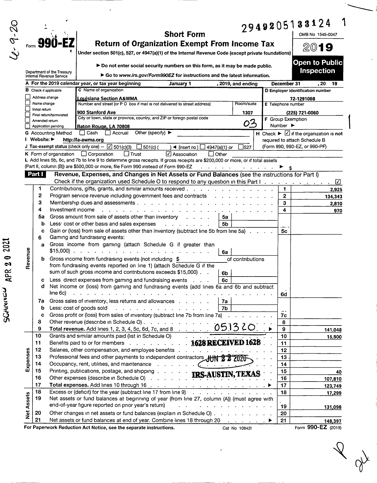 Image of first page of 2019 Form 990EZ for Louisiana Section A&WMA