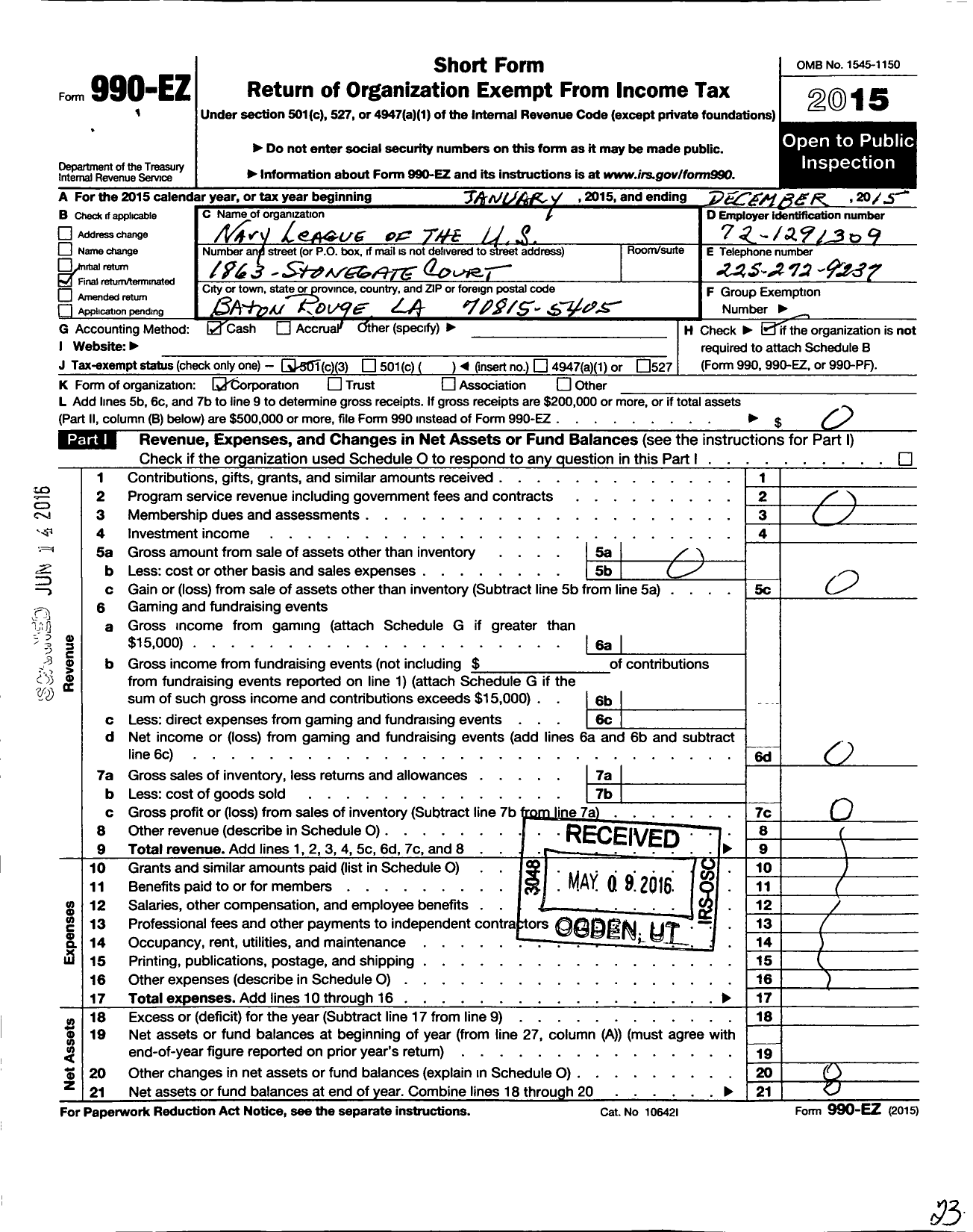 Image of first page of 2015 Form 990EZ for Navy League of the United States