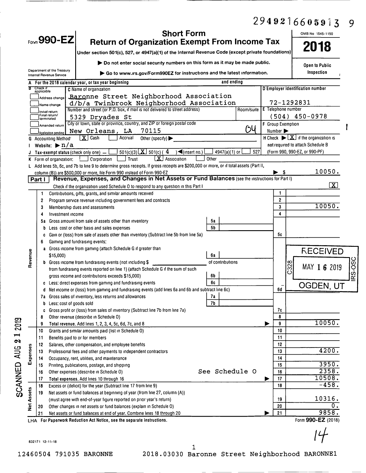 Image of first page of 2018 Form 990EO for Baronne Street Neighborhood Association