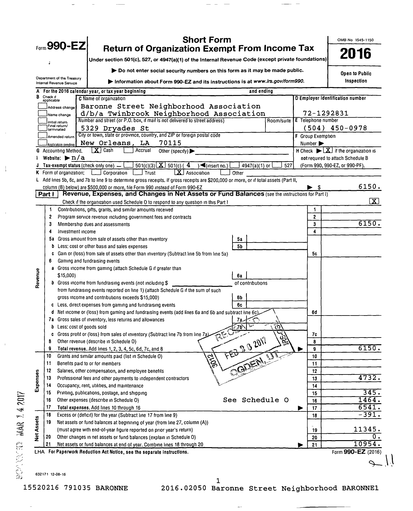 Image of first page of 2016 Form 990EO for Baronne Street Neighborhood Association