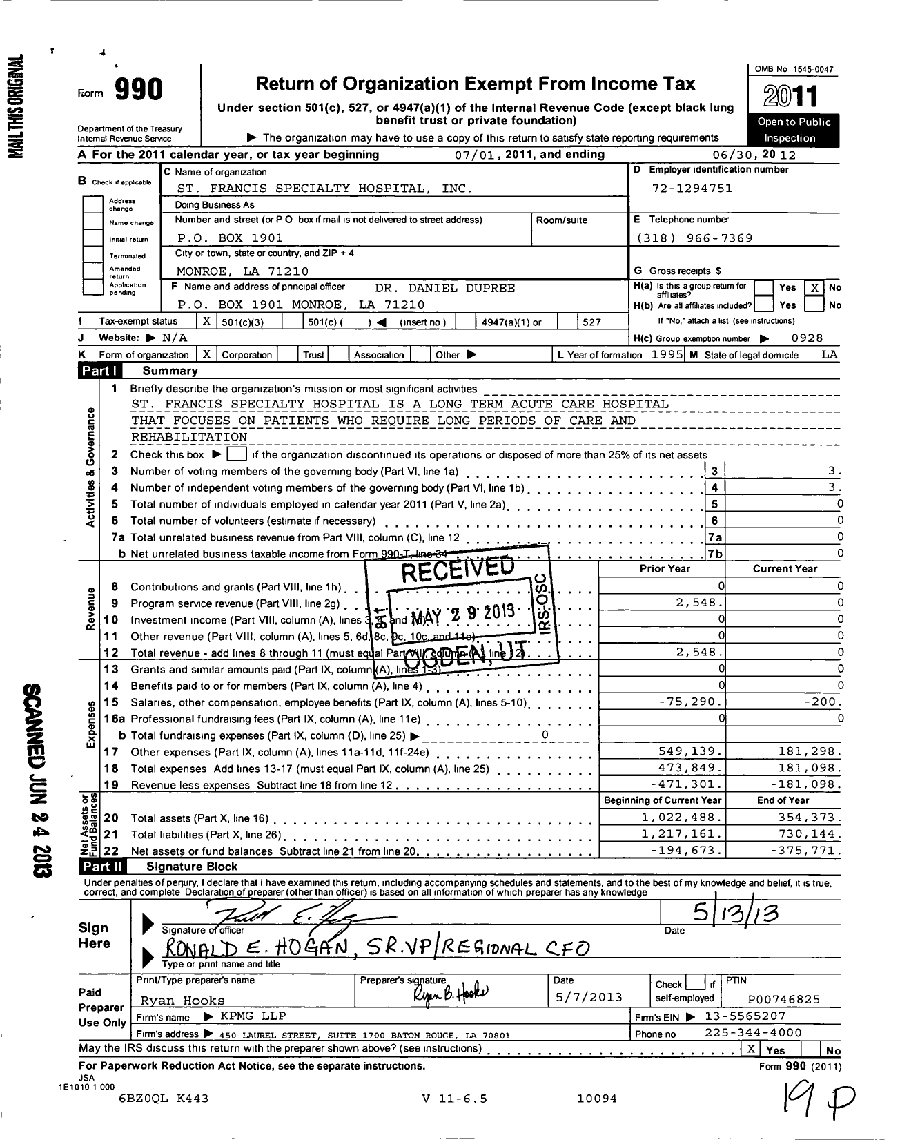 Image of first page of 2011 Form 990 for St Francis Specialty Hospital