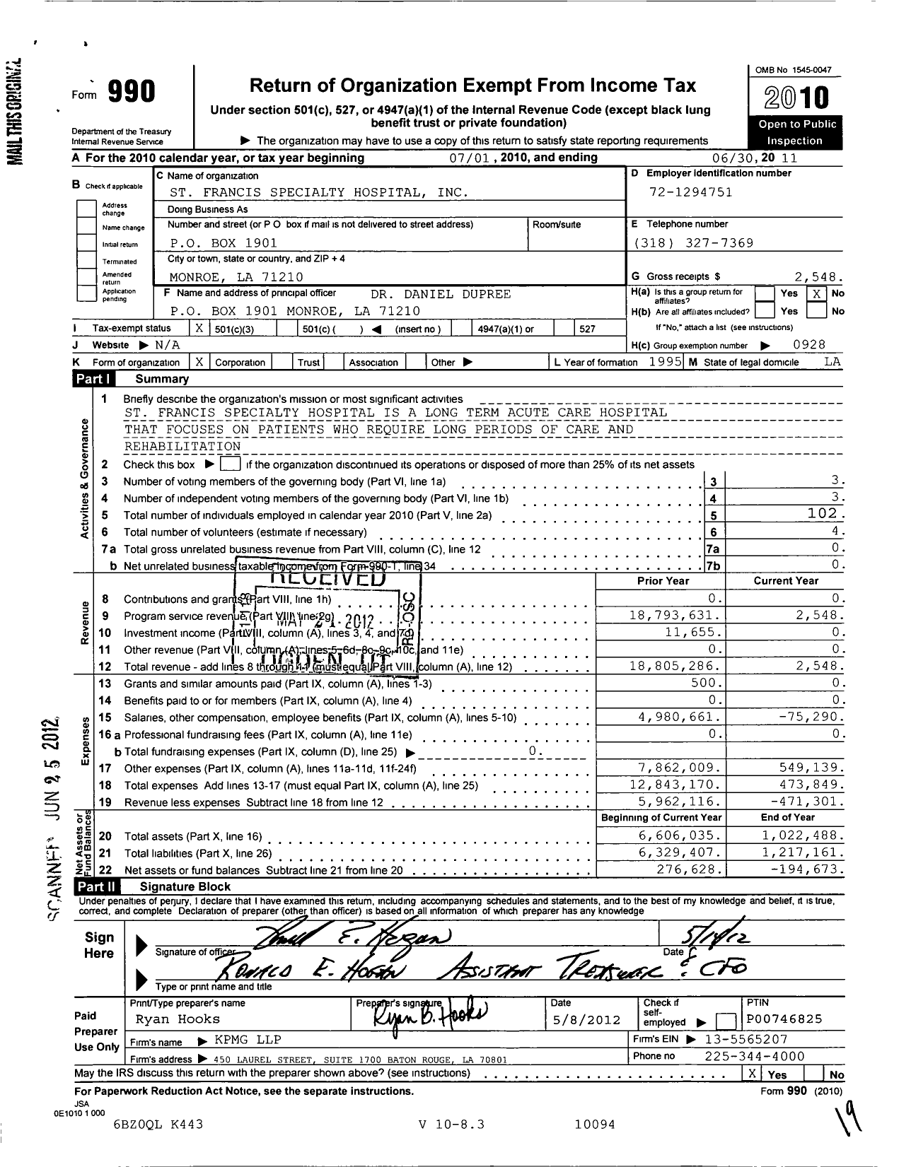 Image of first page of 2010 Form 990 for St Francis Specialty Hospital
