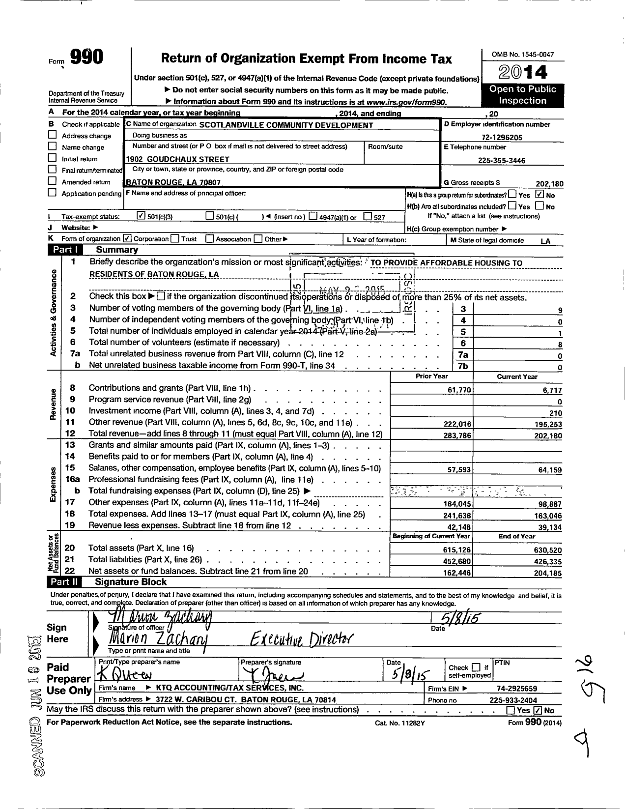 Image of first page of 2014 Form 990 for Scotlandville Community Development Corporation