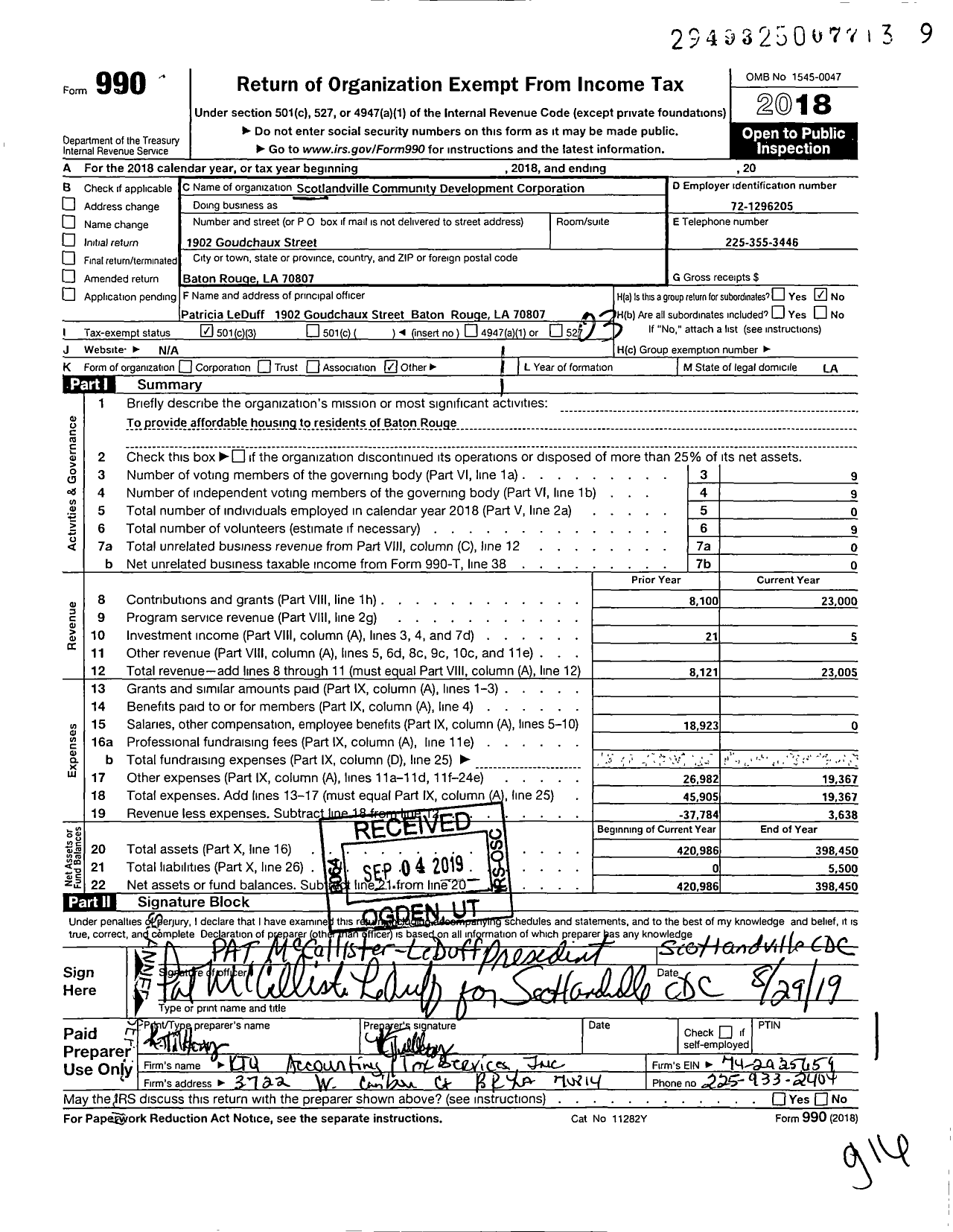 Image of first page of 2018 Form 990 for Scotlandville Community Development Corporation