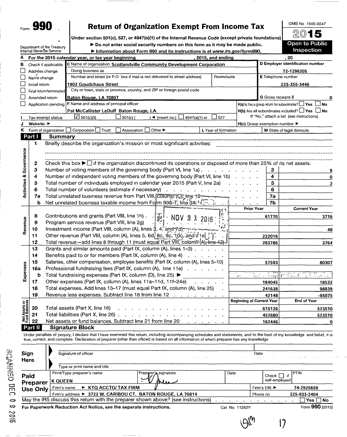 Image of first page of 2015 Form 990 for Scotlandville Community Development Corporation