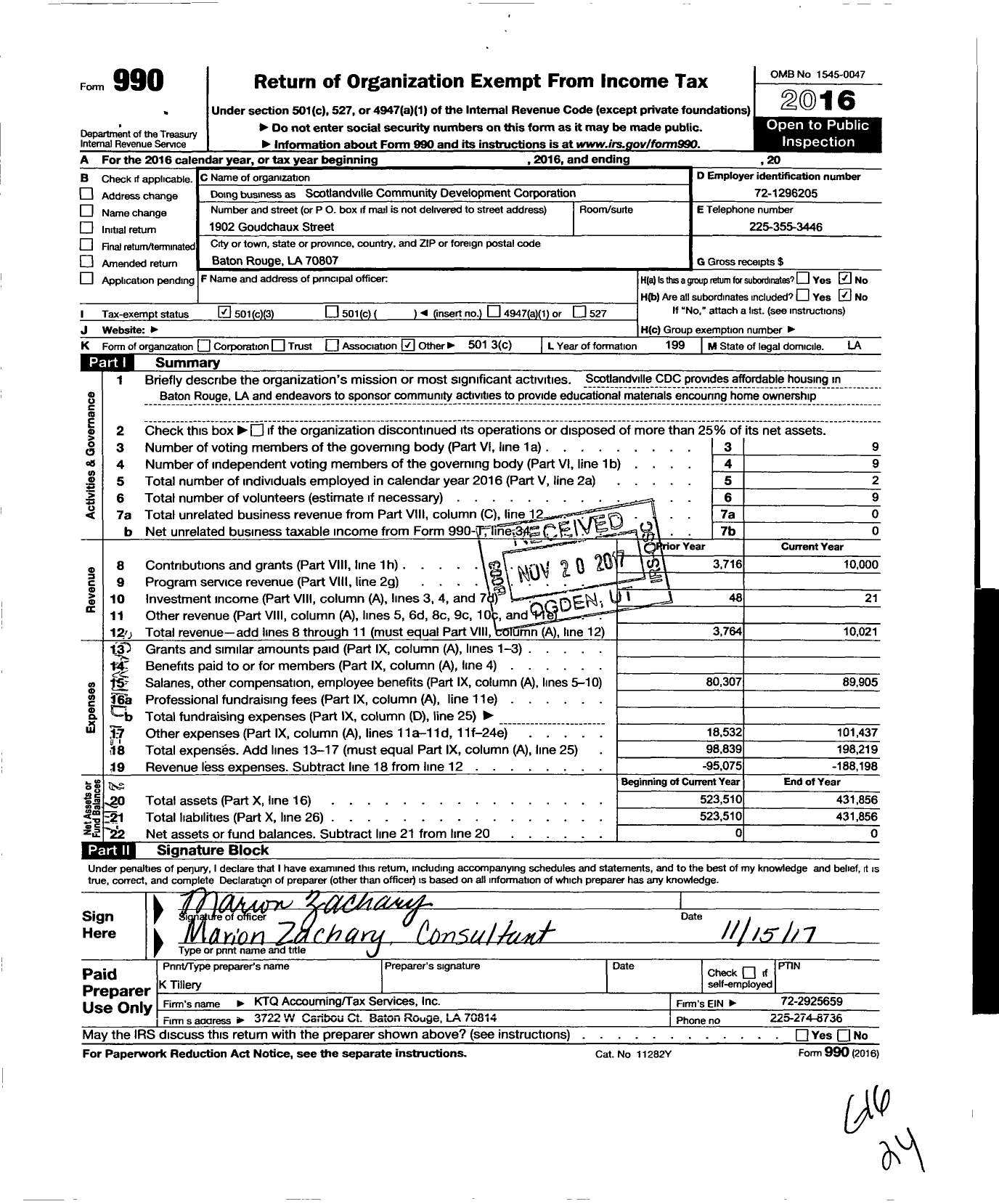 Image of first page of 2016 Form 990 for Scotlandville Community Development Corporation