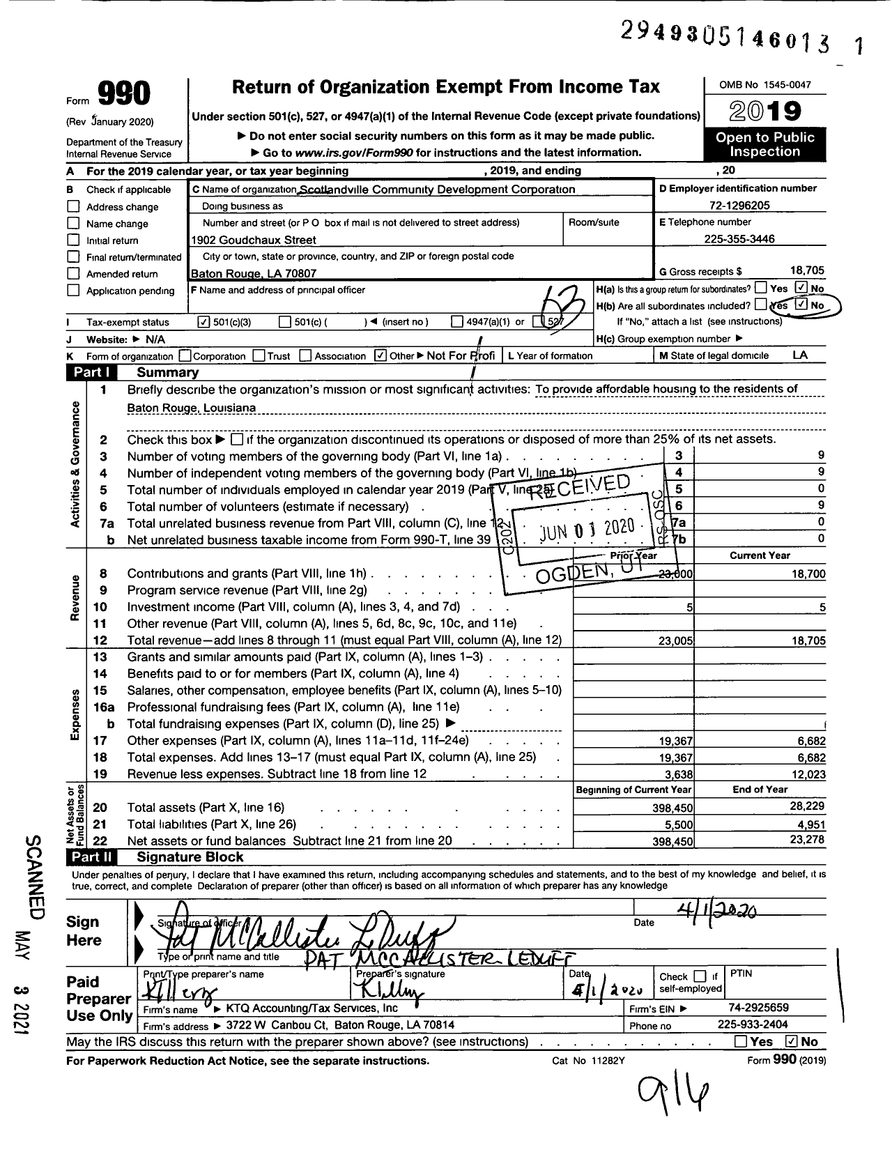 Image of first page of 2019 Form 990 for Scotlandville Community Development Corporation