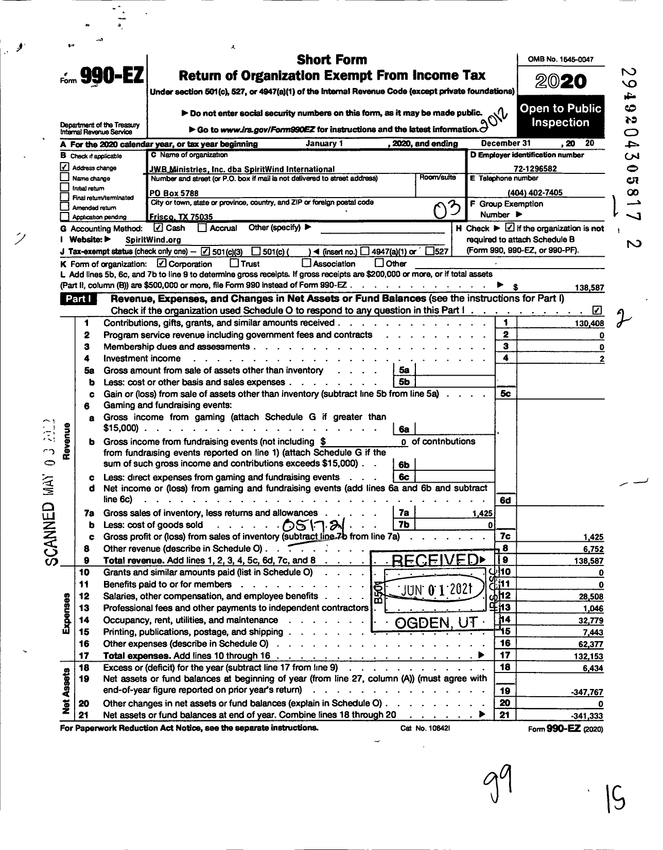 Image of first page of 2020 Form 990EZ for SpiritWind International