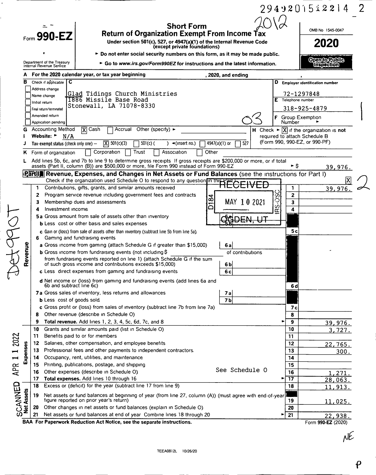 Image of first page of 2020 Form 990EZ for Glad Tidings Church Ministries