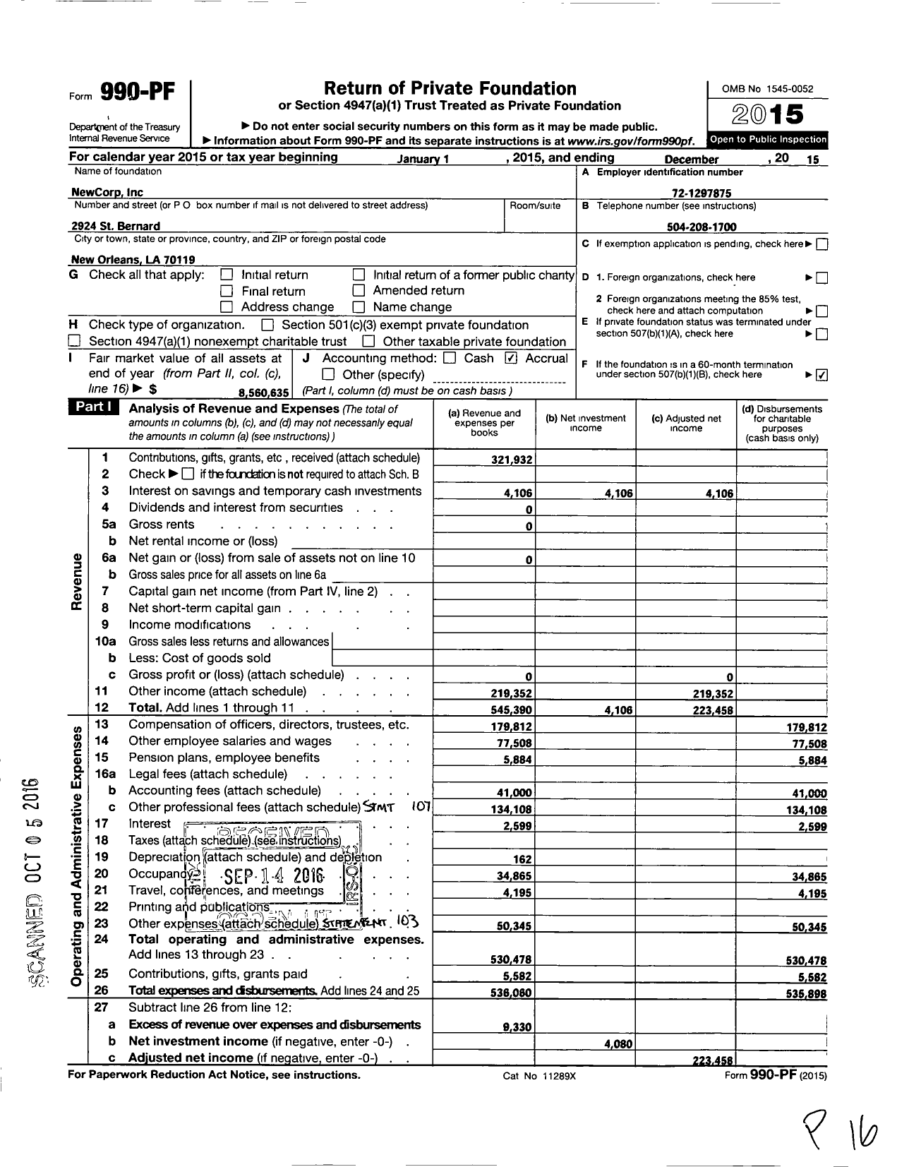 Image of first page of 2015 Form 990PF for Newcorp