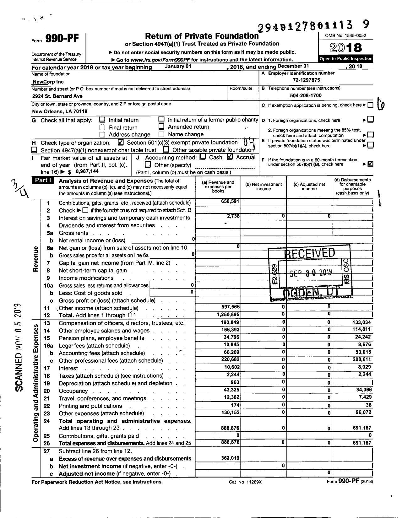 Image of first page of 2018 Form 990PF for Newcorp