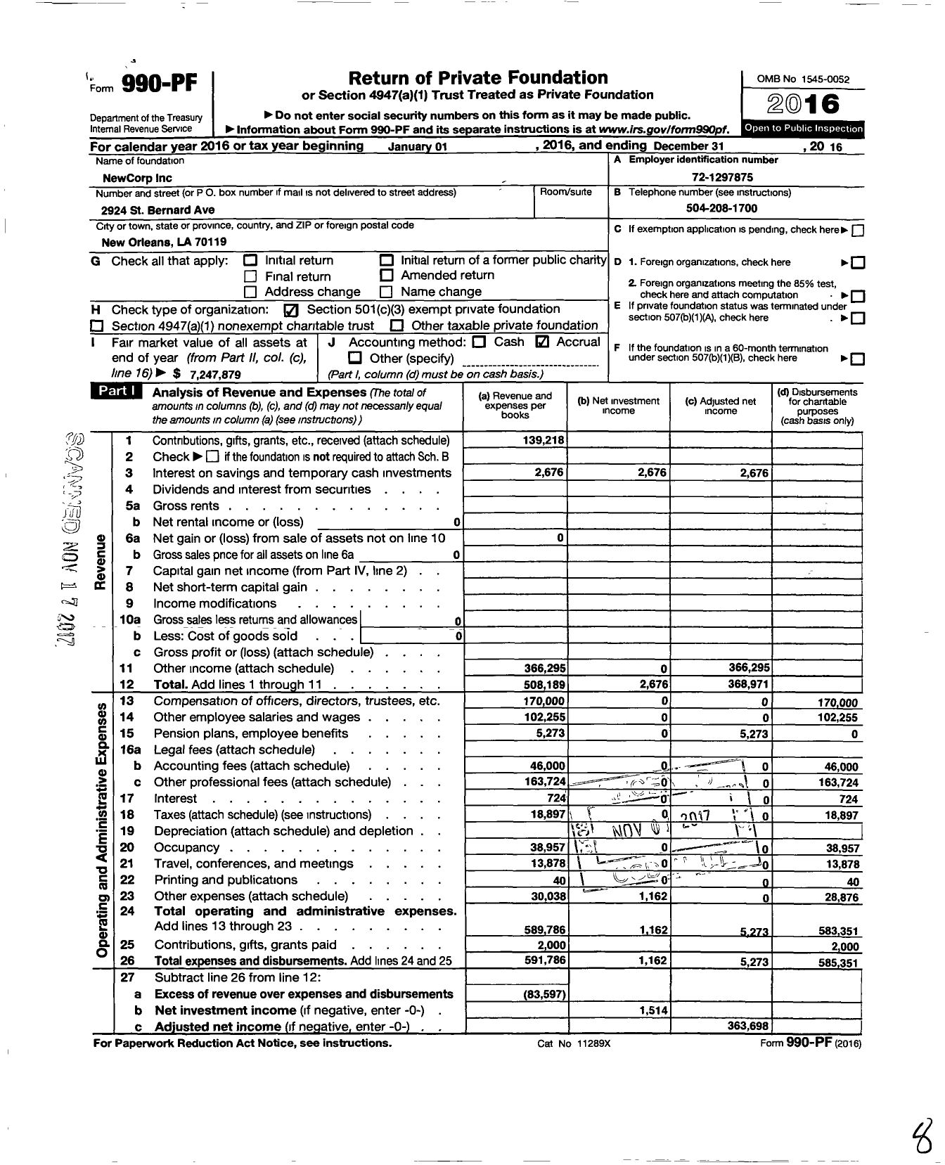 Image of first page of 2016 Form 990PF for Newcorp