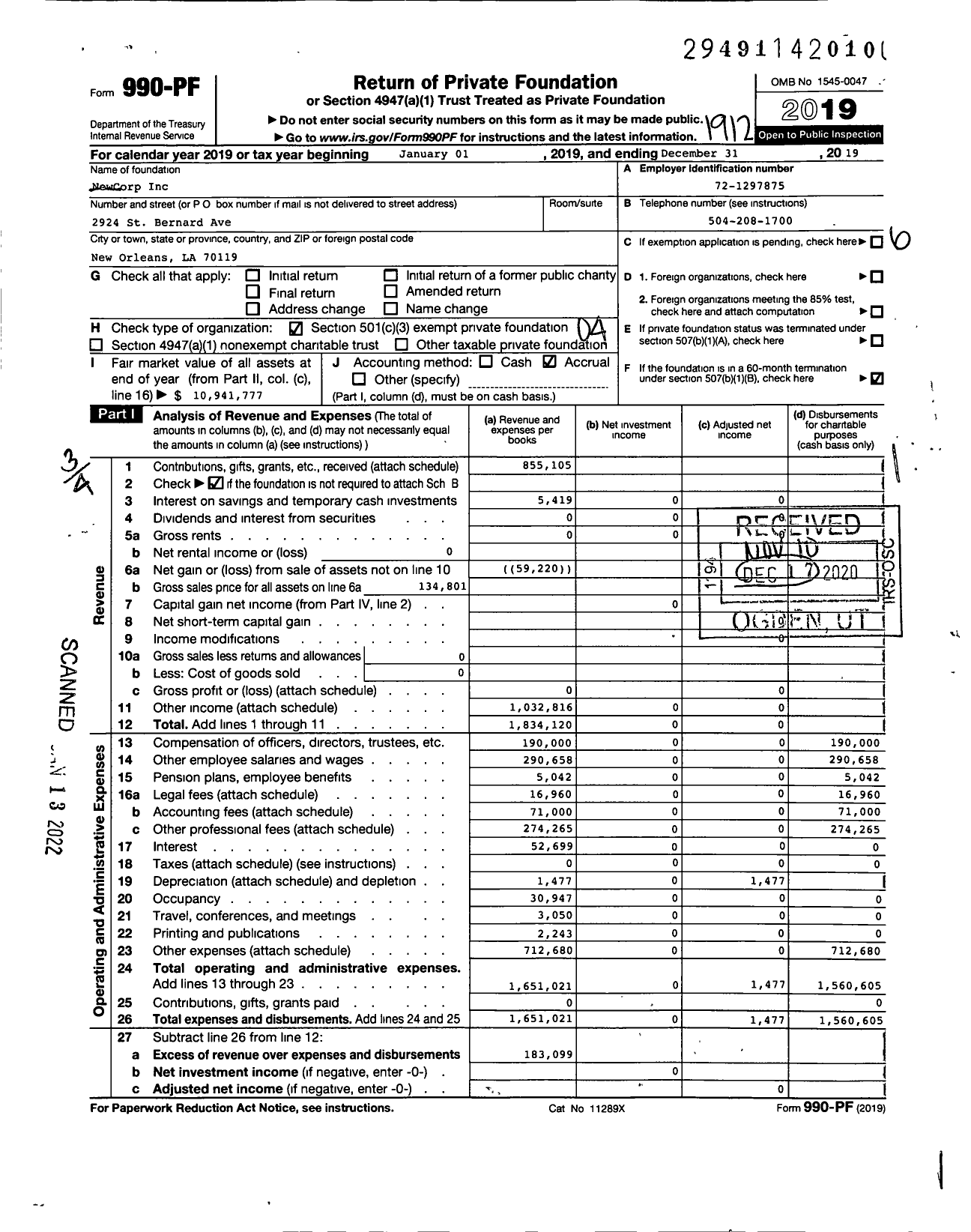 Image of first page of 2019 Form 990PF for Newcorp