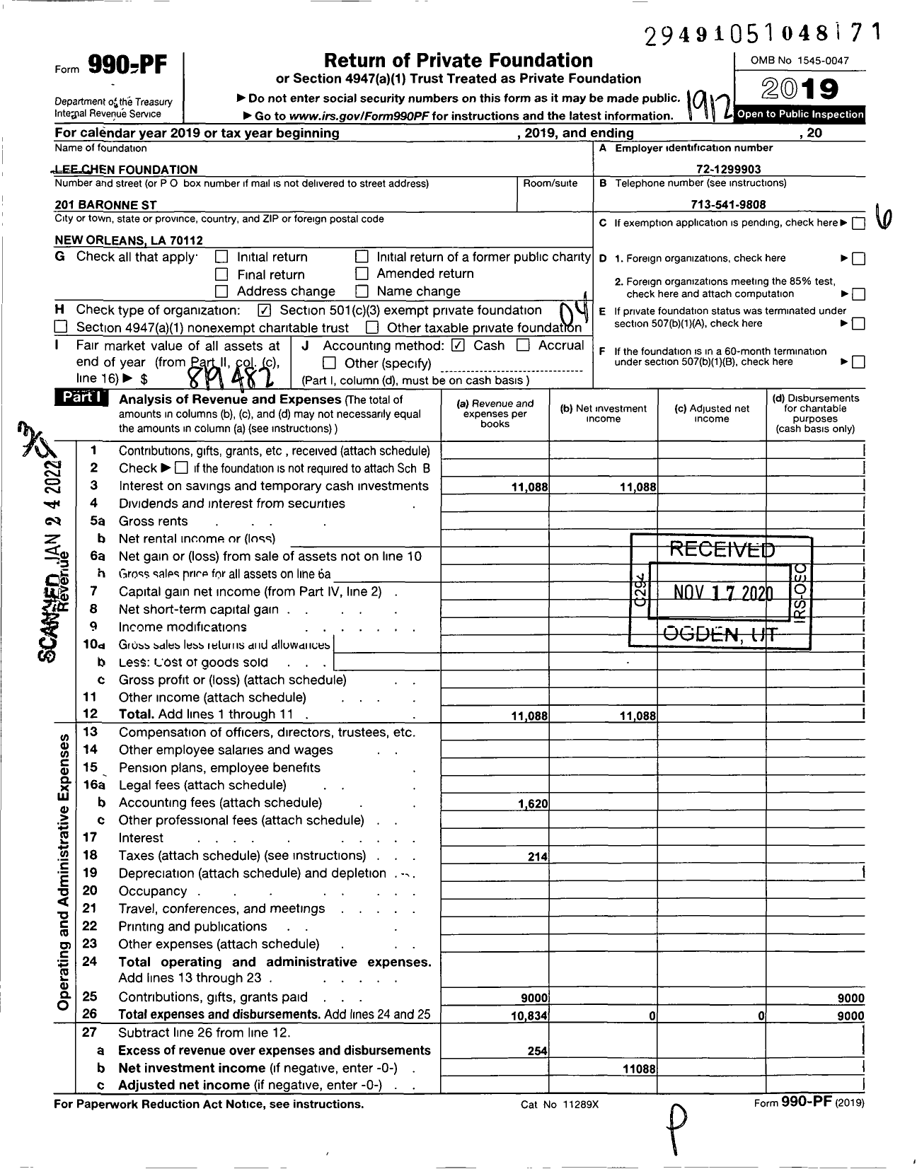 Image of first page of 2019 Form 990PF for Lee Chen Foundation