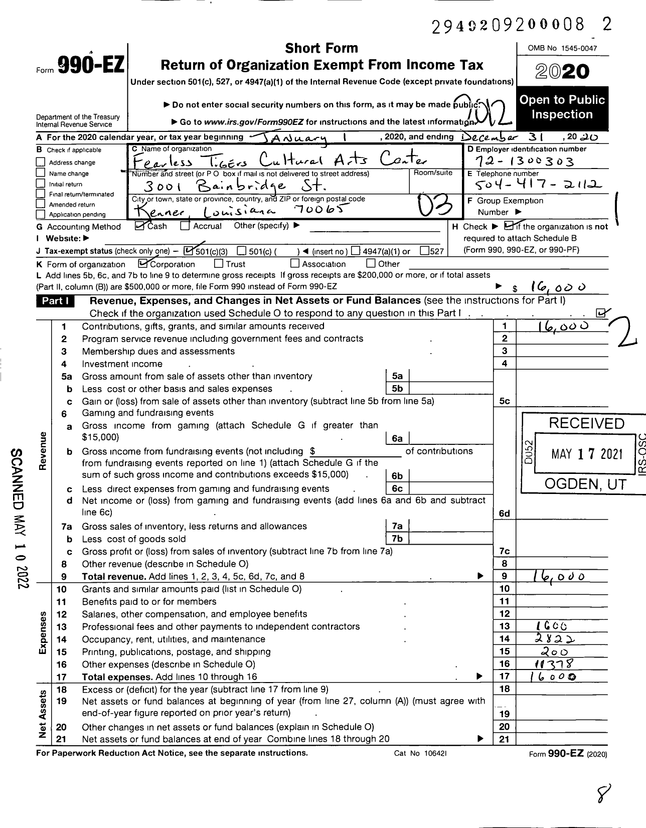 Image of first page of 2020 Form 990EZ for Fearless Tigers Cultural Arts Center