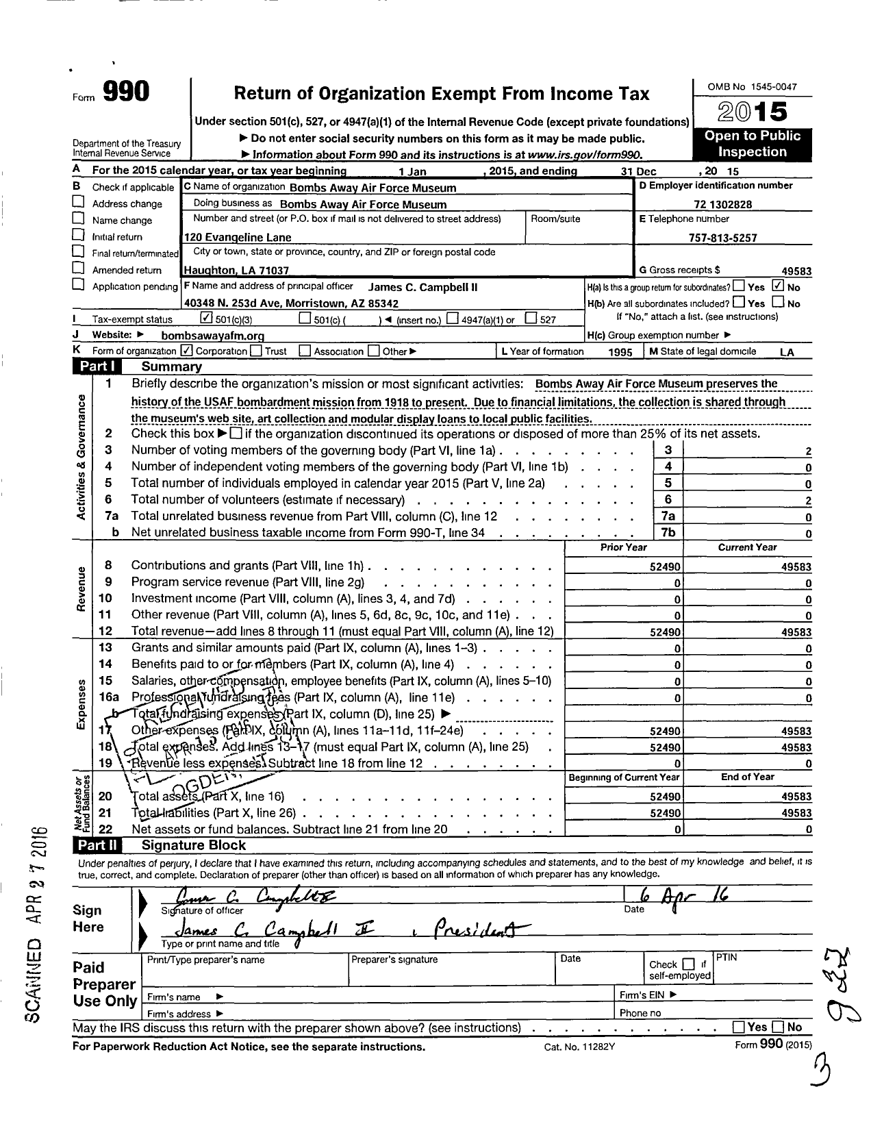 Image of first page of 2015 Form 990 for Bombs Away Air Force Museum