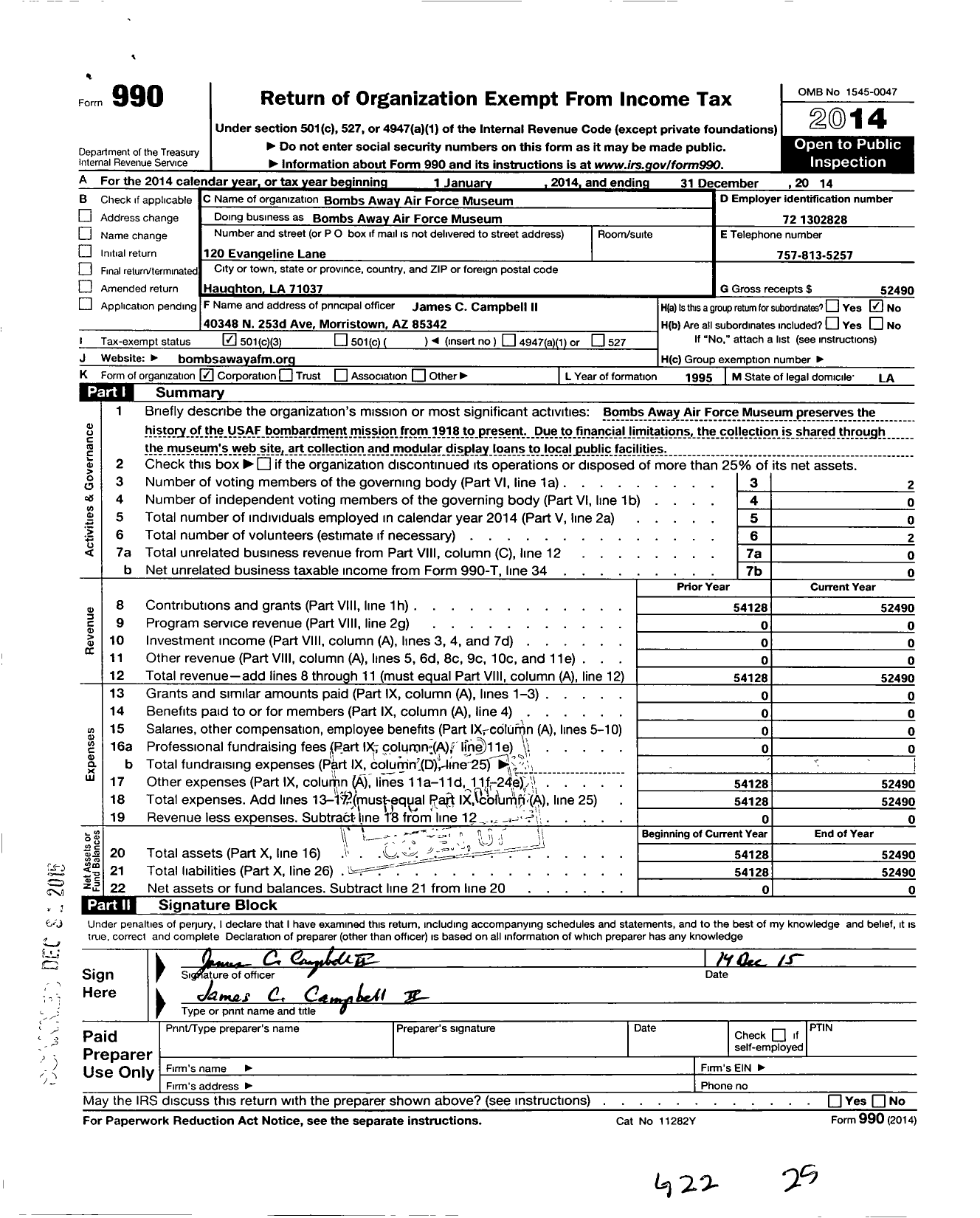 Image of first page of 2014 Form 990 for Bombs Away Air Force Museum