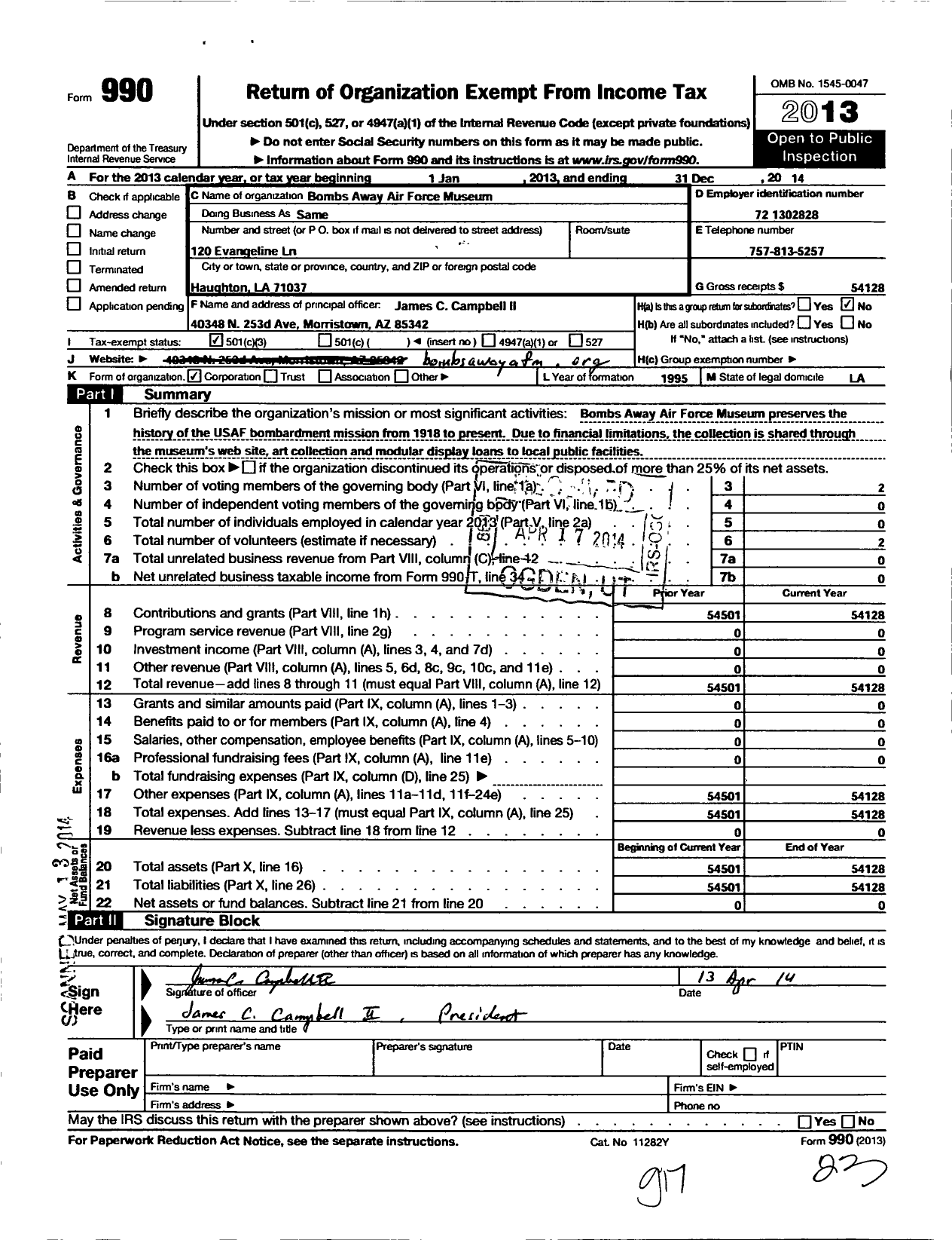 Image of first page of 2014 Form 990 for Bombs Away Air Force Museum