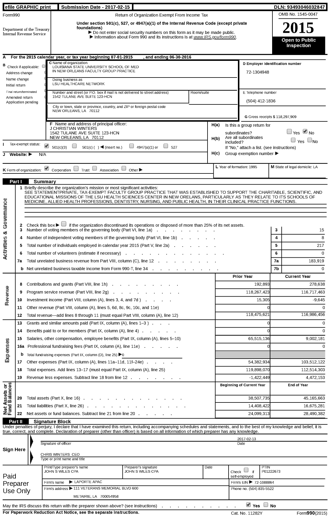 Image of first page of 2015 Form 990 for LSU Healthcare Network (LSUHN)
