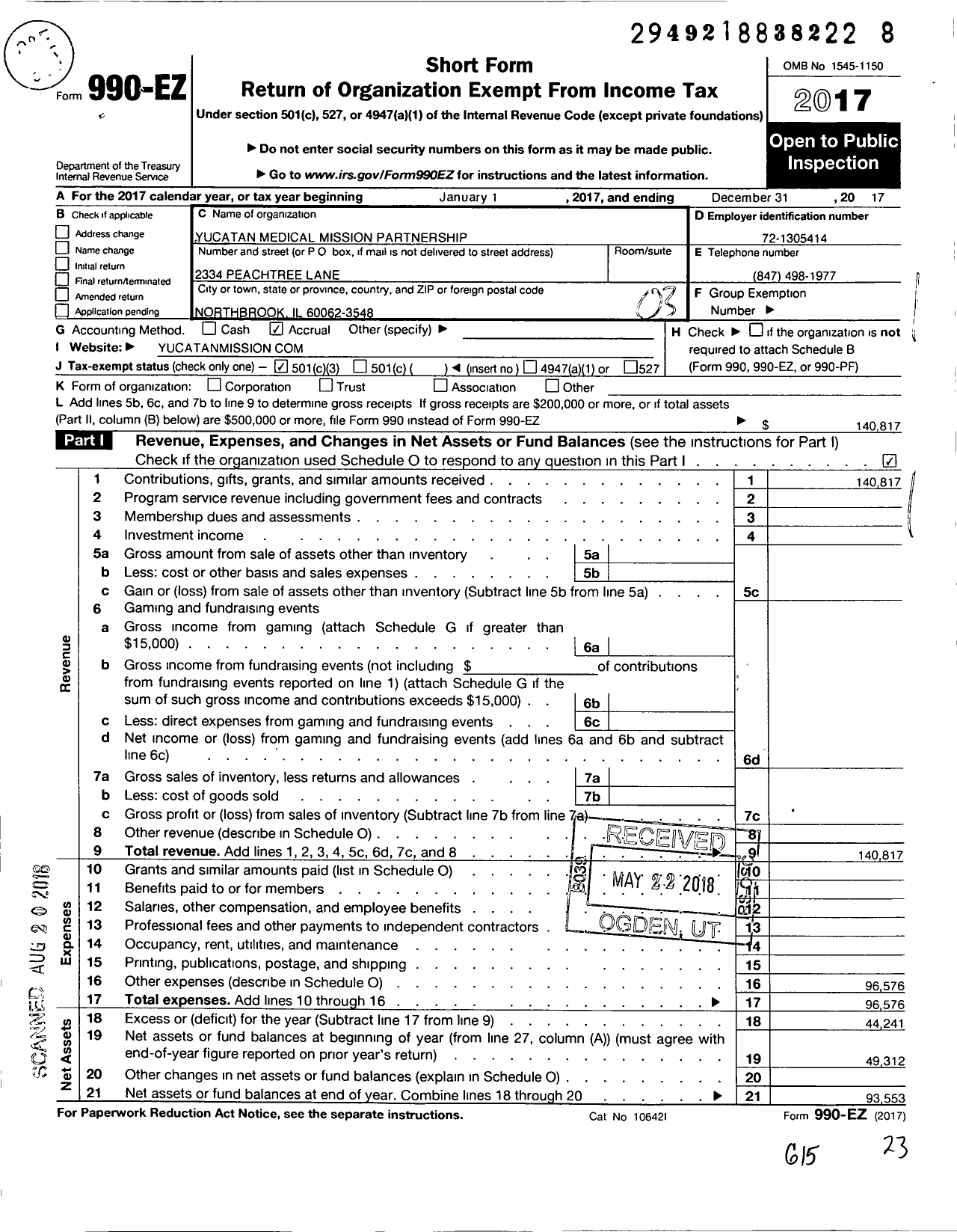 Image of first page of 2017 Form 990EZ for Yucatan Medical Mission Partnership