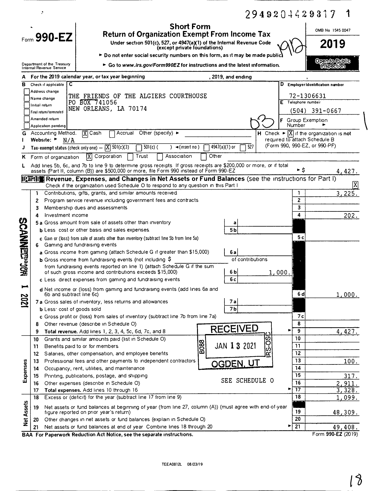 Image of first page of 2019 Form 990EZ for The Friends of the Algiers Courthouse