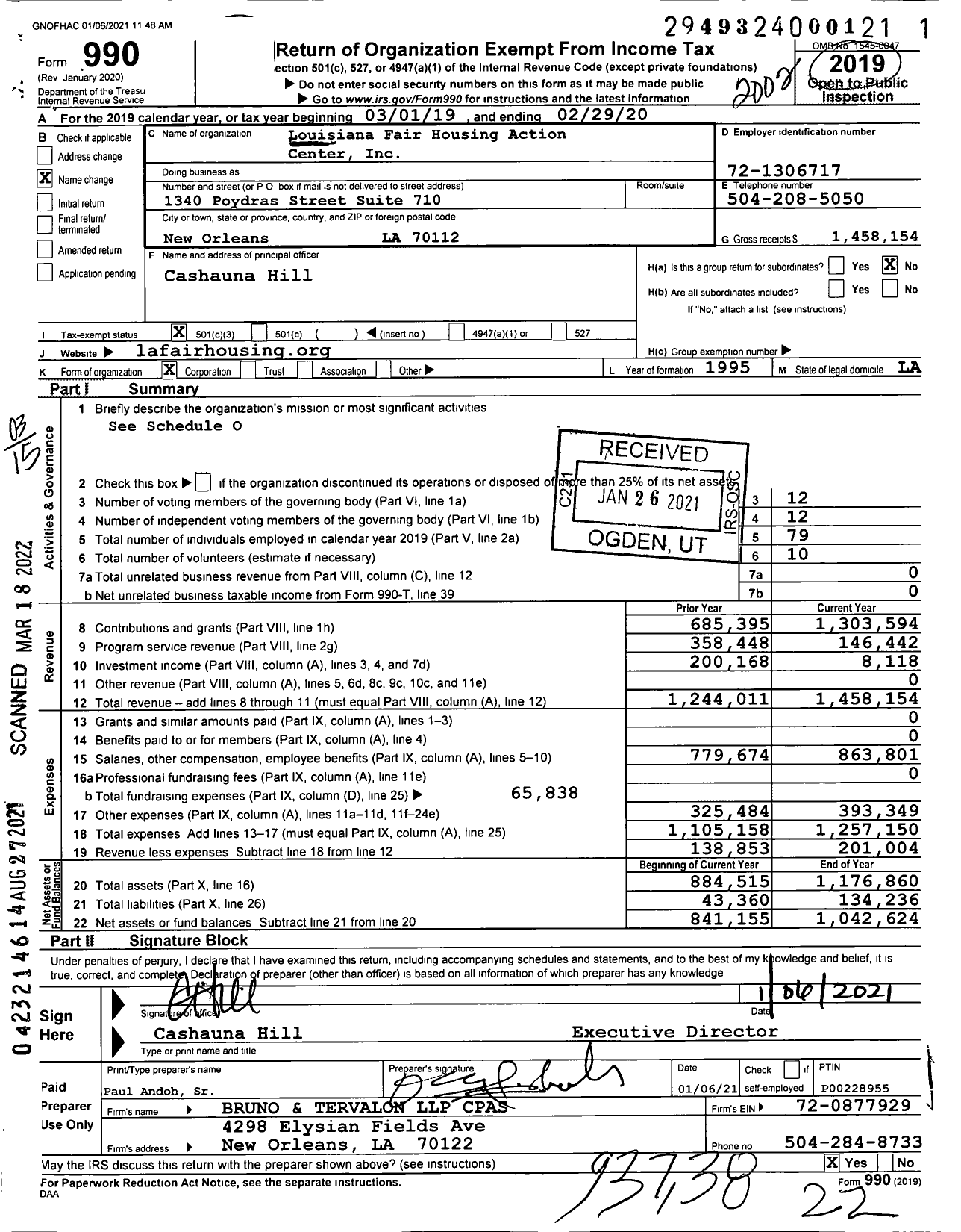 Image of first page of 2019 Form 990 for Louisiana Fair Housing Action Center (GNOFHAC)