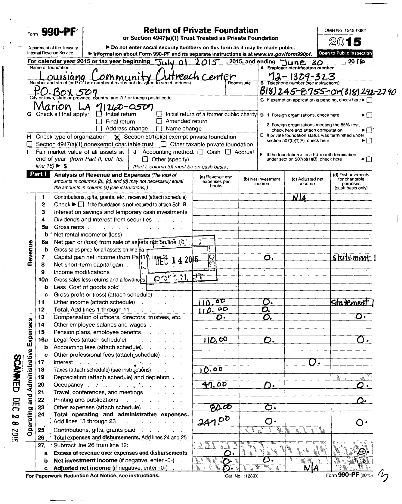 Image of first page of 2015 Form 990PF for Louisana Community Outreach Center