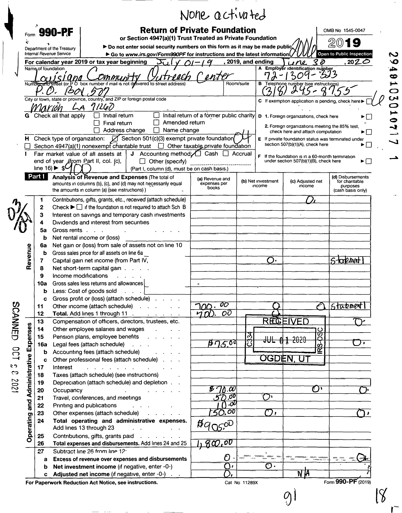 Image of first page of 2019 Form 990PF for Louisana Community Outreach Center