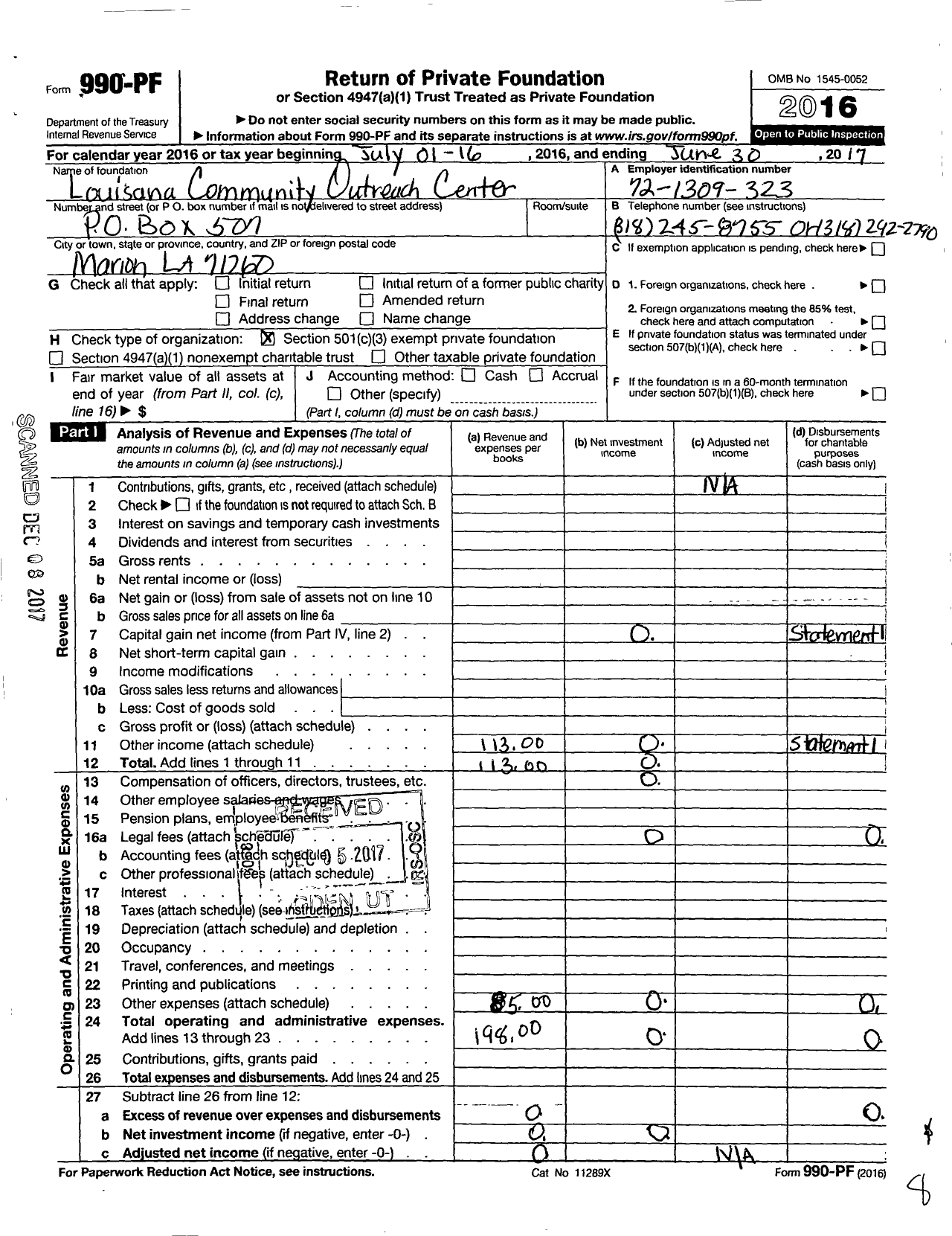 Image of first page of 2016 Form 990PF for Louisana Community Outreach Center