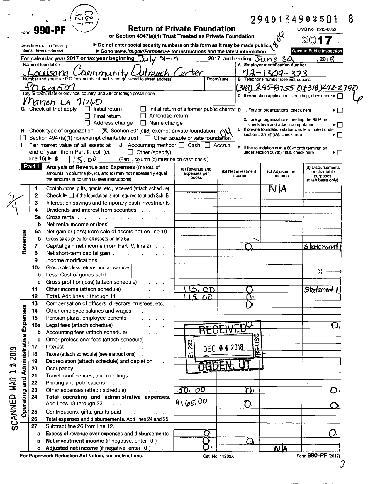 Image of first page of 2017 Form 990PF for Louisana Community Outreach Center